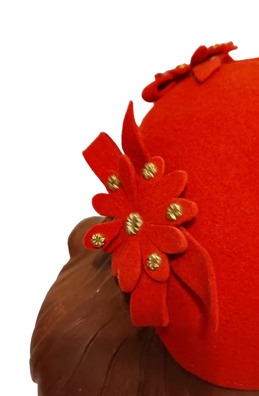 40s Sm Red Felt Studded Flower Trim Calot Beanie Hat - Image 5