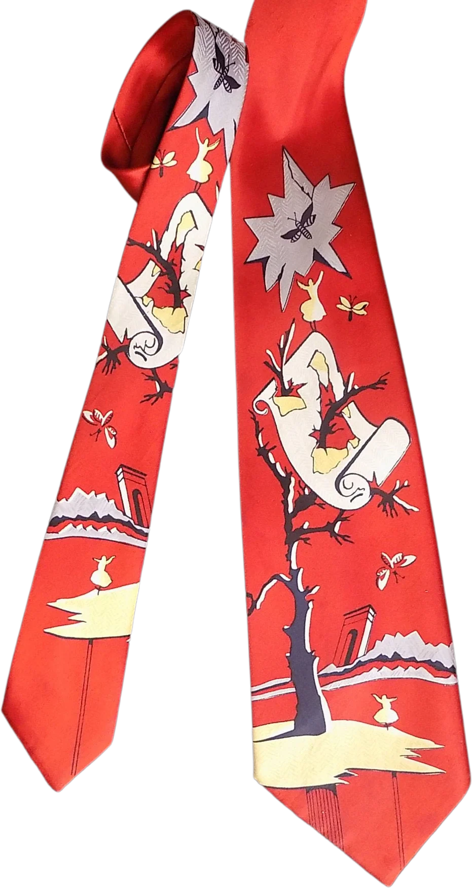 40s "surrealism" Wide Necktie From Tuscon's "korby's" Arizona Red Ballerina Dead Tree Fallen Arch Shattered Mirror by D'lorak