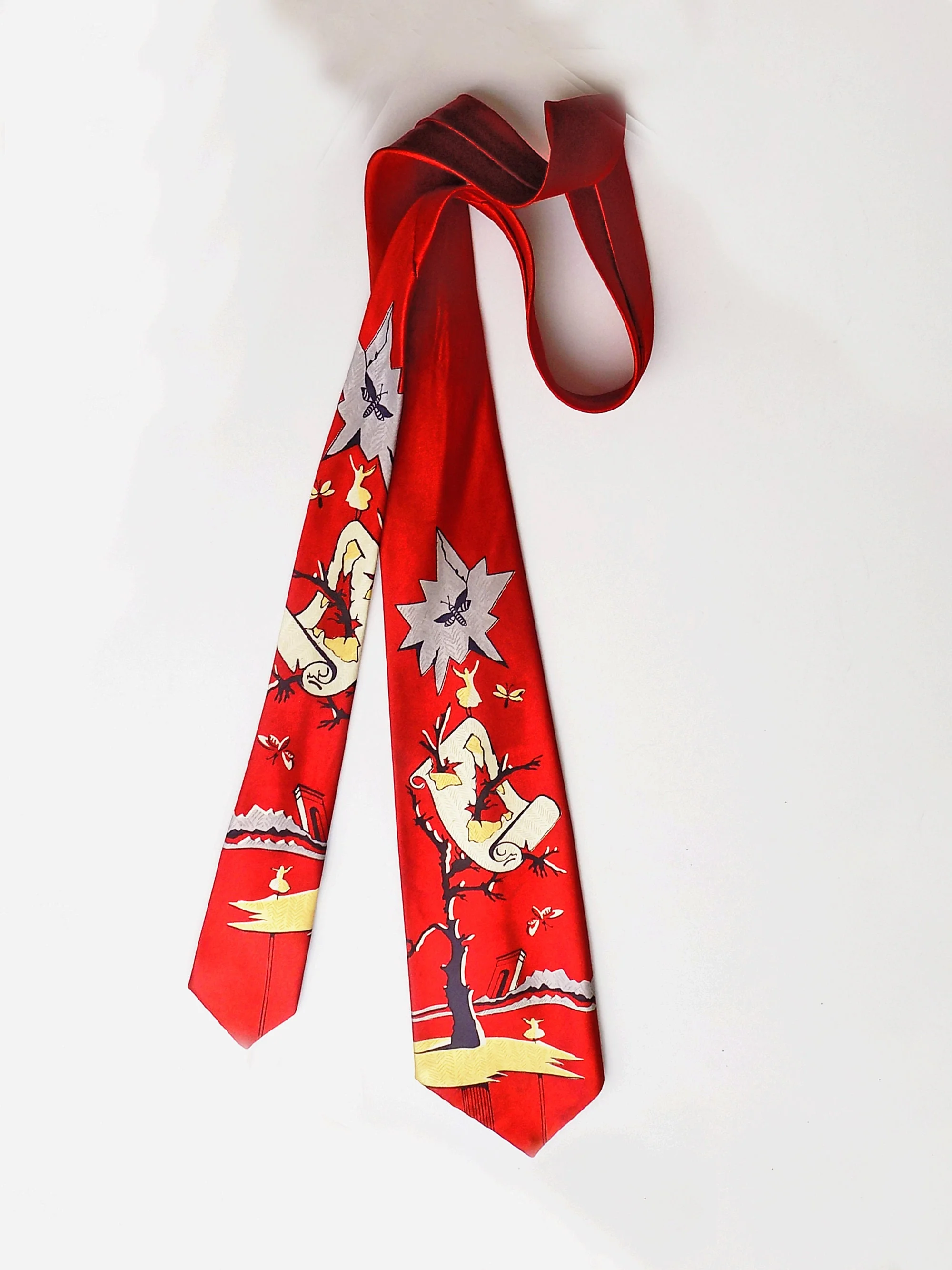 40s "surrealism" Wide Necktie From Tuscon's "korby's" Arizona Red Ballerina Dead Tree Fallen Arch Shattered Mirror by D'lorak - Image 2