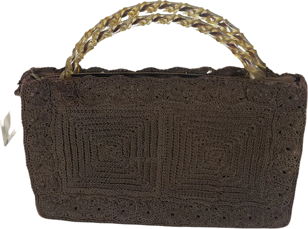 40s Vintage Brown Crochet Bag Turned Lucite Handle