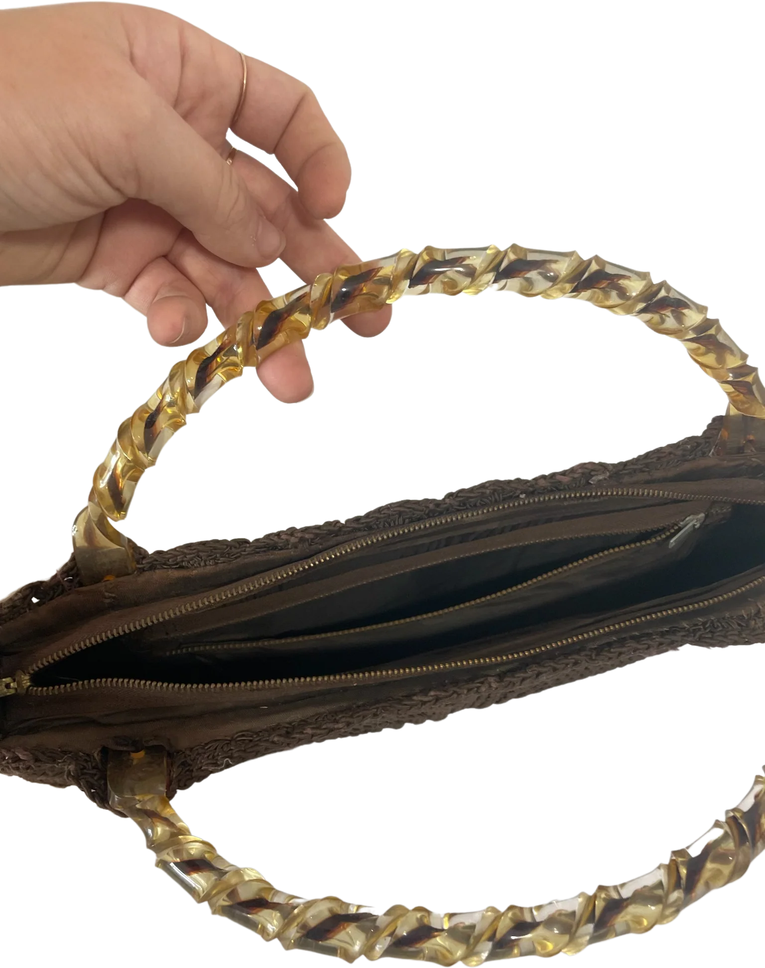 40s Vintage Brown Crochet Bag Turned Lucite Handle - Image 2