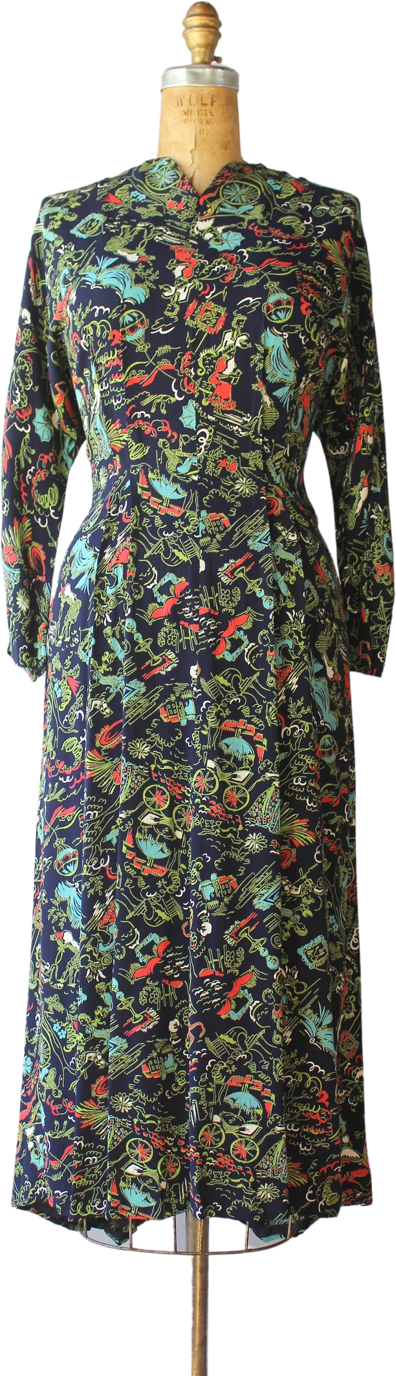 40s Vintage Novelty Print Rayon Dress Turn-of-the-Century Scene Mint Condition