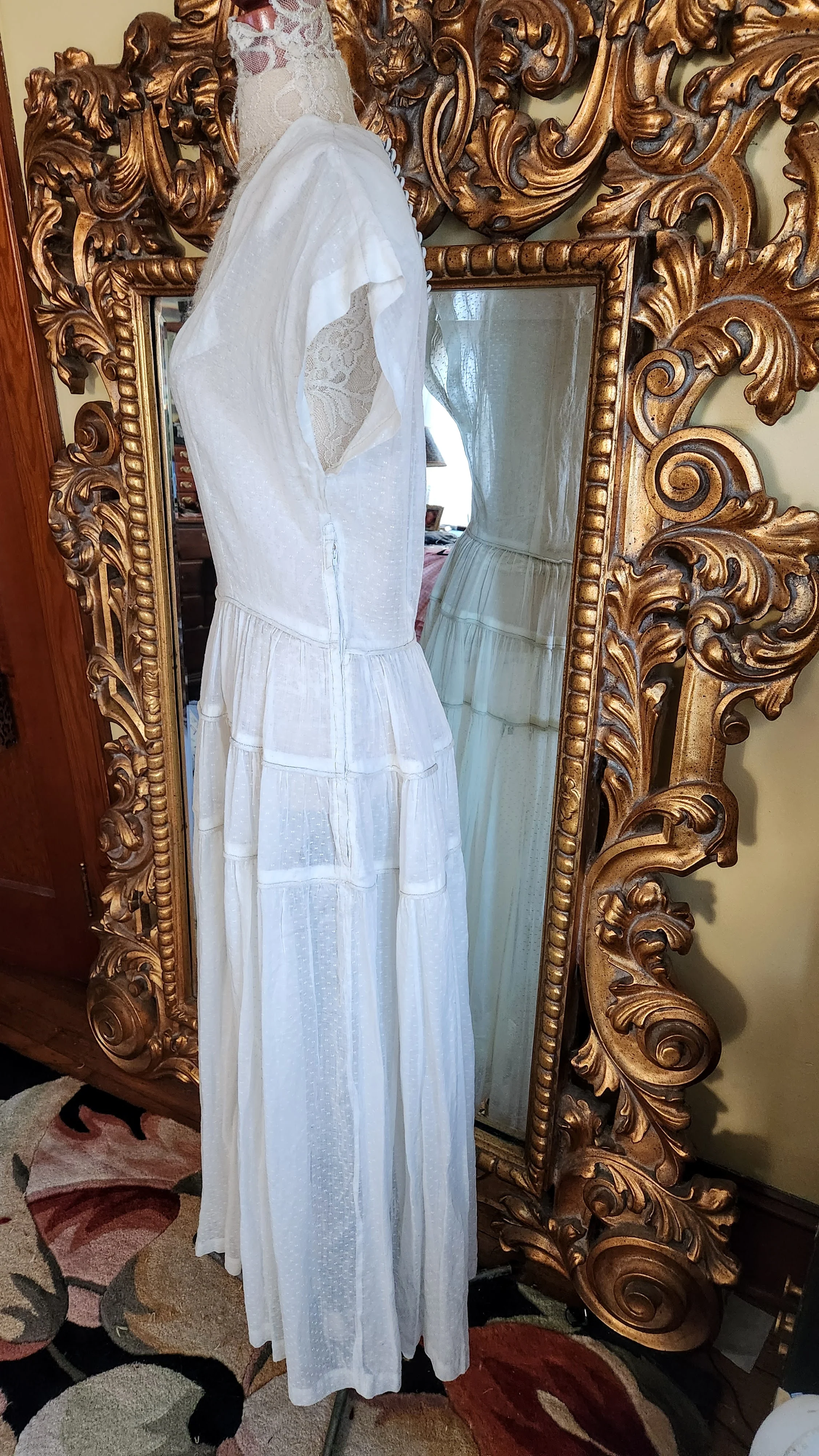 40s White Cotton Swiss Dot Tiered Skirt Dress - Image 4