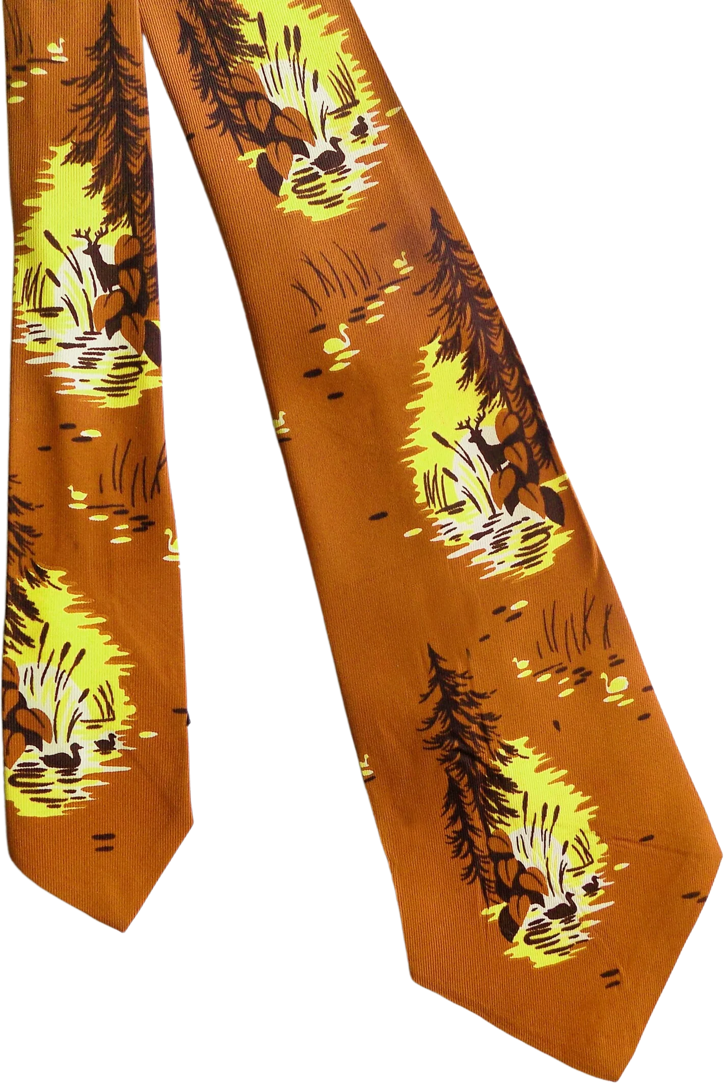 40s Wide Rayon Tie with Ducks and Deer In a Lake Side Setting Yellow White Brown by Newman's