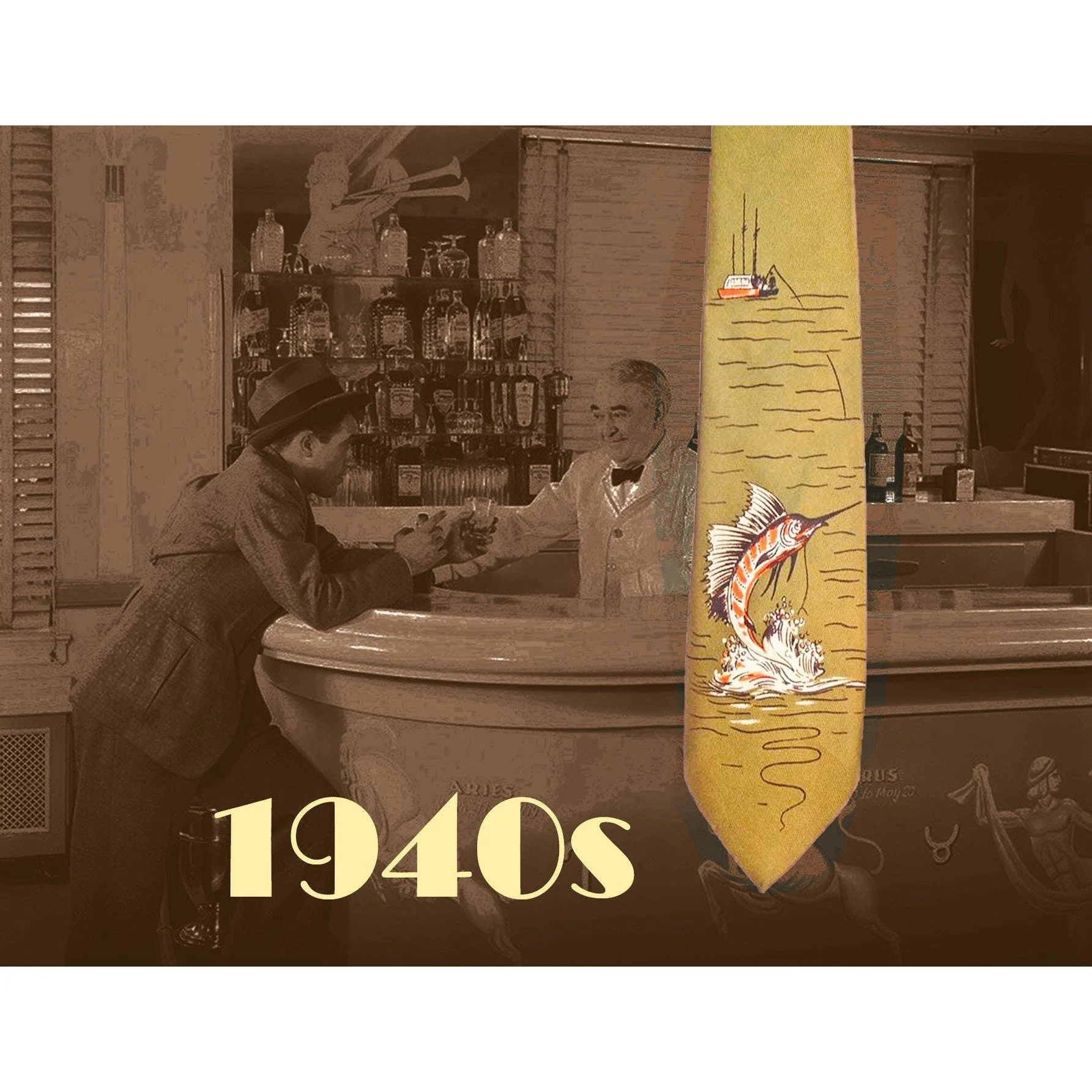 40s Wide Tie With Fishing Sport, Fisherman Kitschy By Haband - Image 3