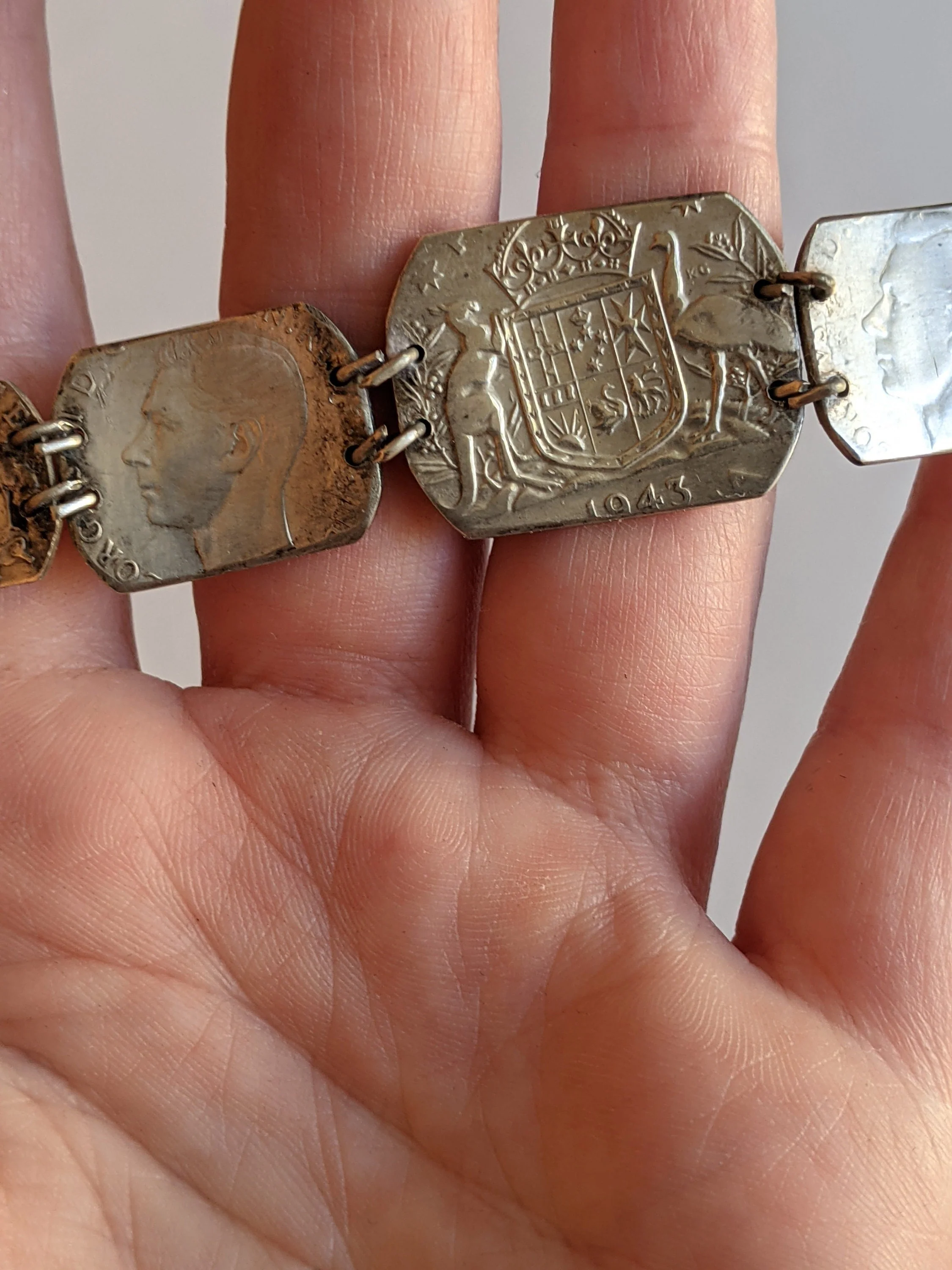 40s Wwii Trench Art Silver Coin Bracelet Vintage Sweetheart Jewelry - Image 4