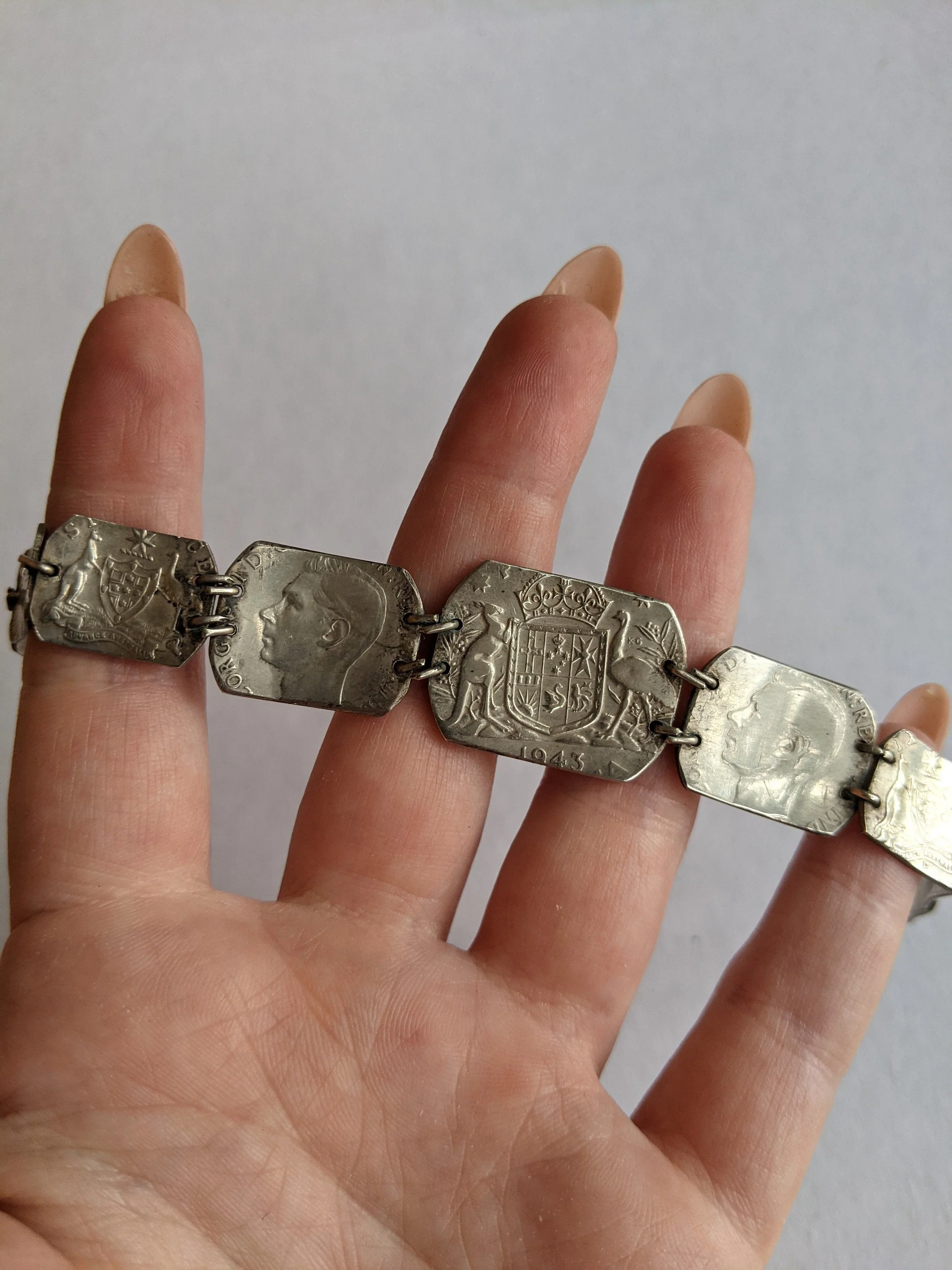 40s Wwii Trench Art Silver Coin Bracelet Vintage Sweetheart Jewelry - Image 5