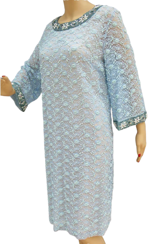 42 Bust 60s Beaded Dress Shift Style In Blue, White, Aurora Borealis, Sequin Beads, Sheer Lace Sleeve, Rayon, Lined, Made In Hong Kong