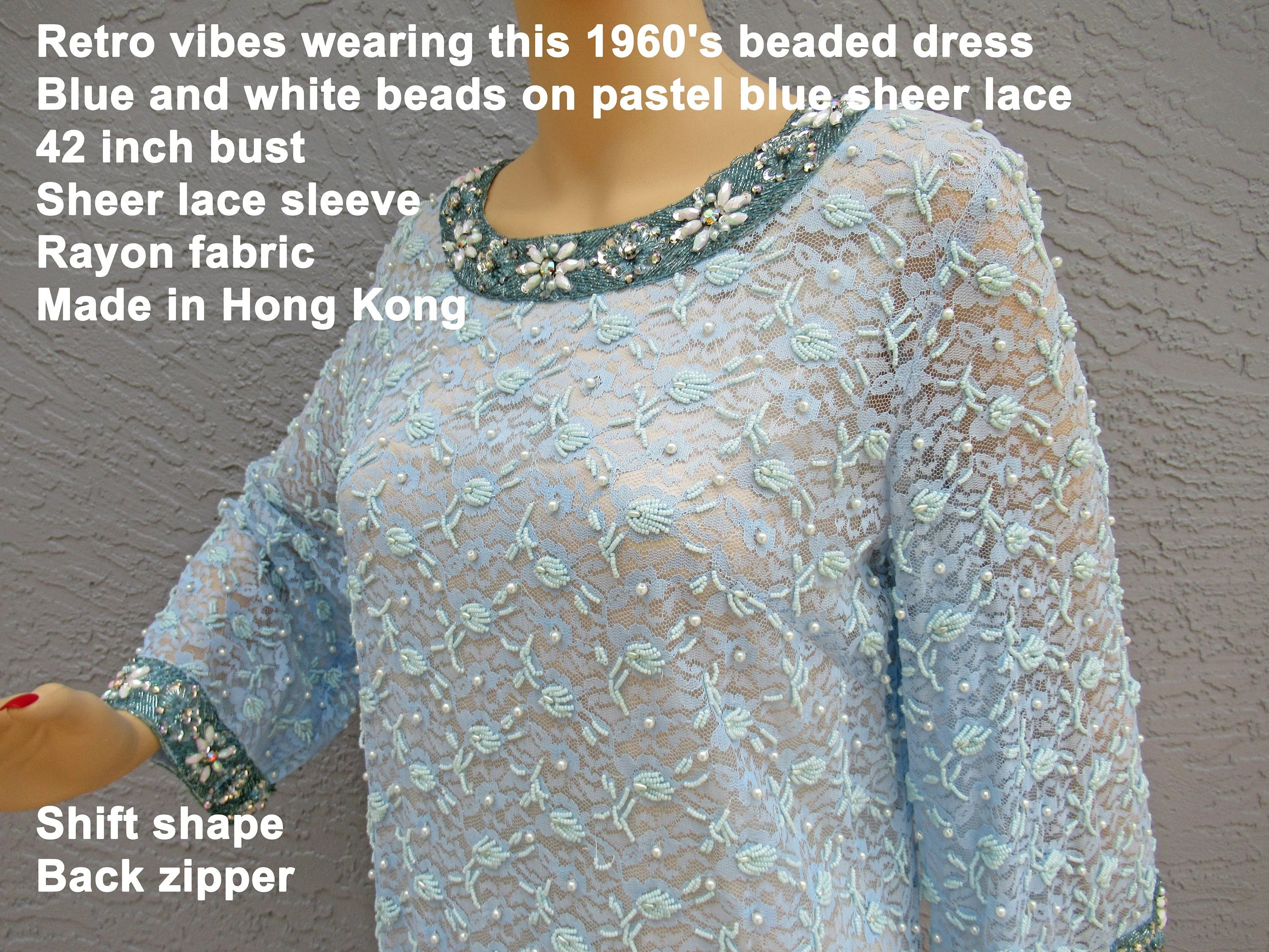 42 Bust 60s Beaded Dress Shift Style In Blue, White, Aurora Borealis, Sequin Beads, Sheer Lace Sleeve, Rayon, Lined, Made In Hong Kong - Image 2