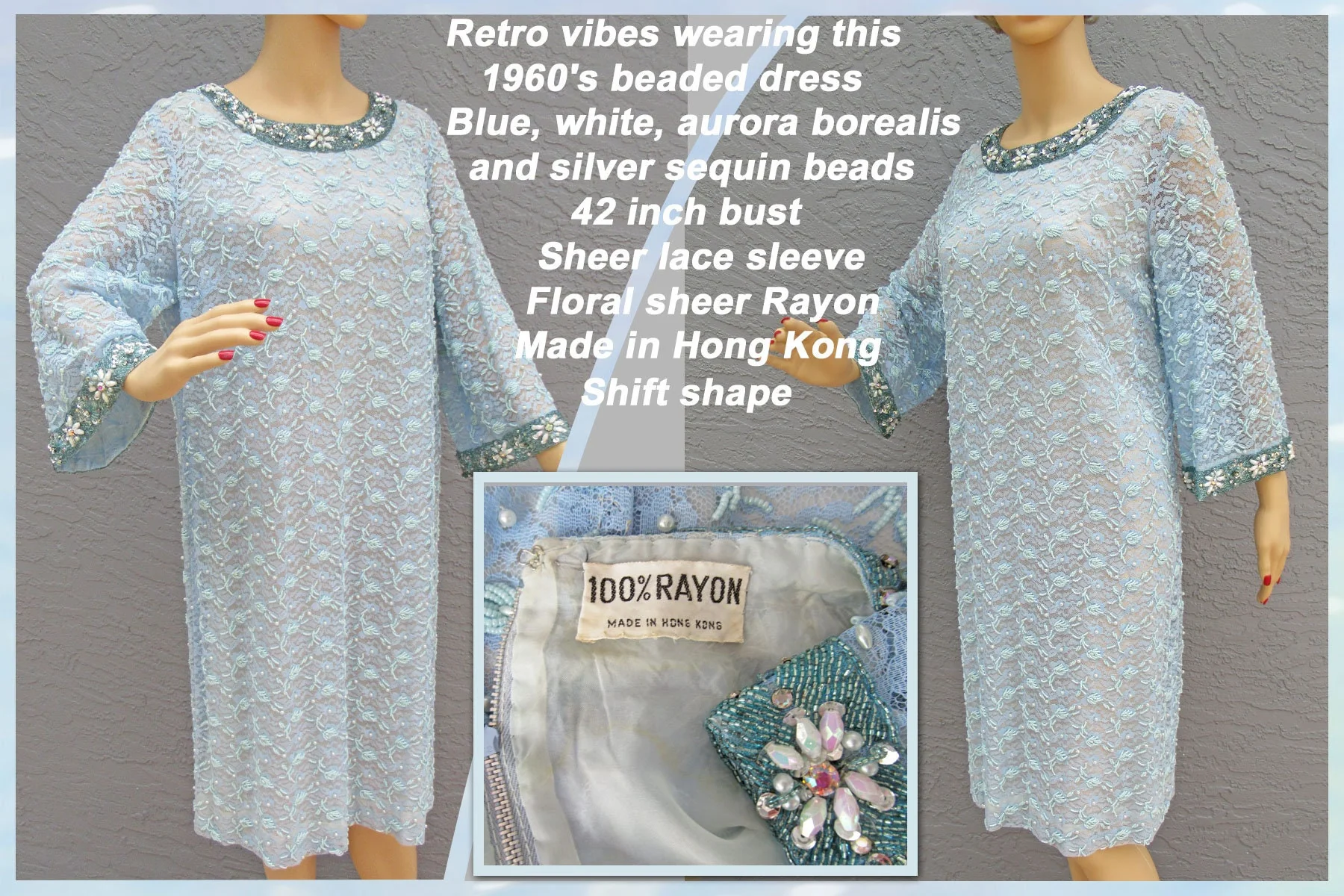 42 Bust 60s Beaded Dress Shift Style In Blue, White, Aurora Borealis, Sequin Beads, Sheer Lace Sleeve, Rayon, Lined, Made In Hong Kong - Image 3