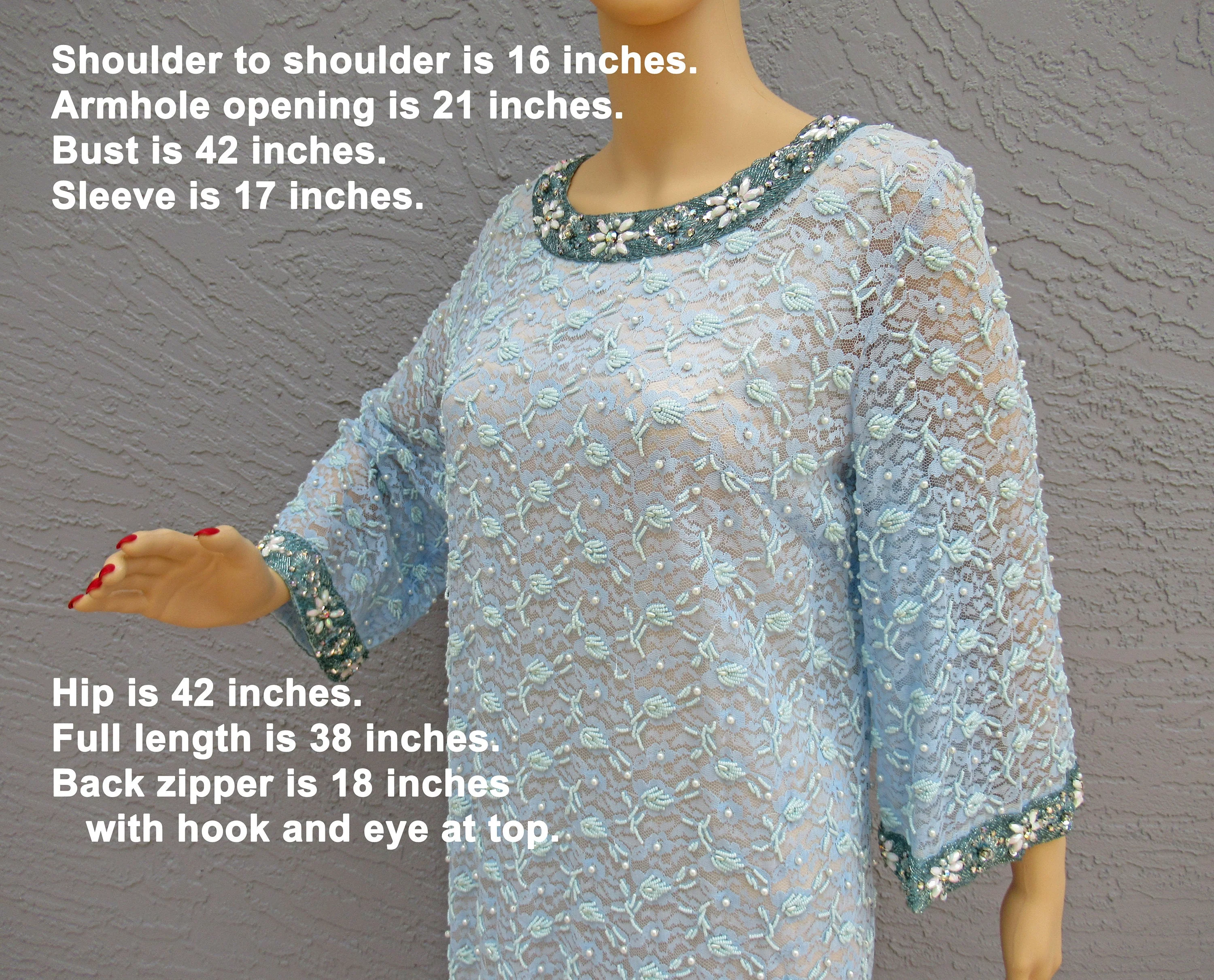 42 Bust 60s Beaded Dress Shift Style In Blue, White, Aurora Borealis, Sequin Beads, Sheer Lace Sleeve, Rayon, Lined, Made In Hong Kong - Image 5