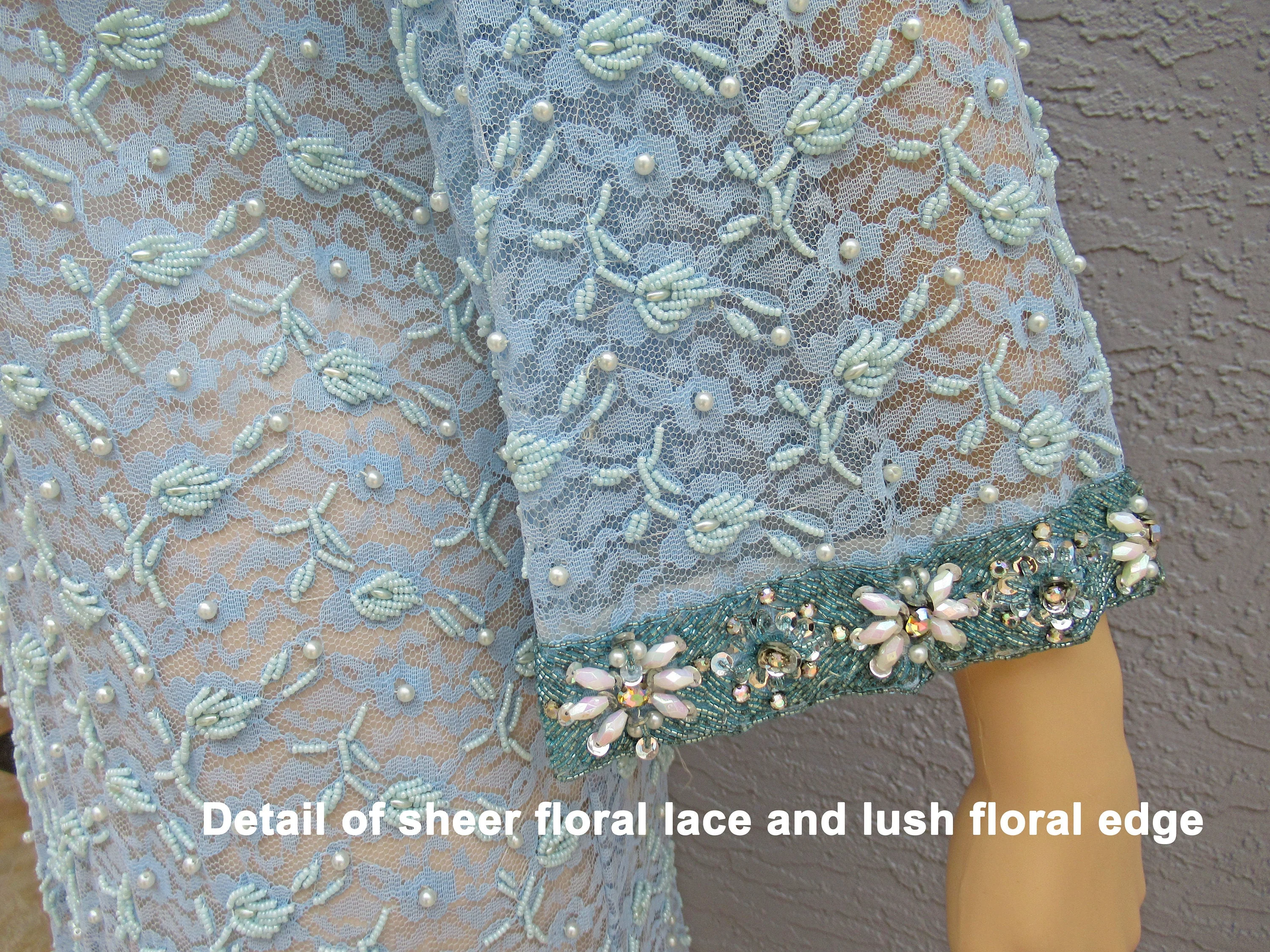 42 Bust 60s Beaded Dress Shift Style In Blue, White, Aurora Borealis, Sequin Beads, Sheer Lace Sleeve, Rayon, Lined, Made In Hong Kong - Image 6