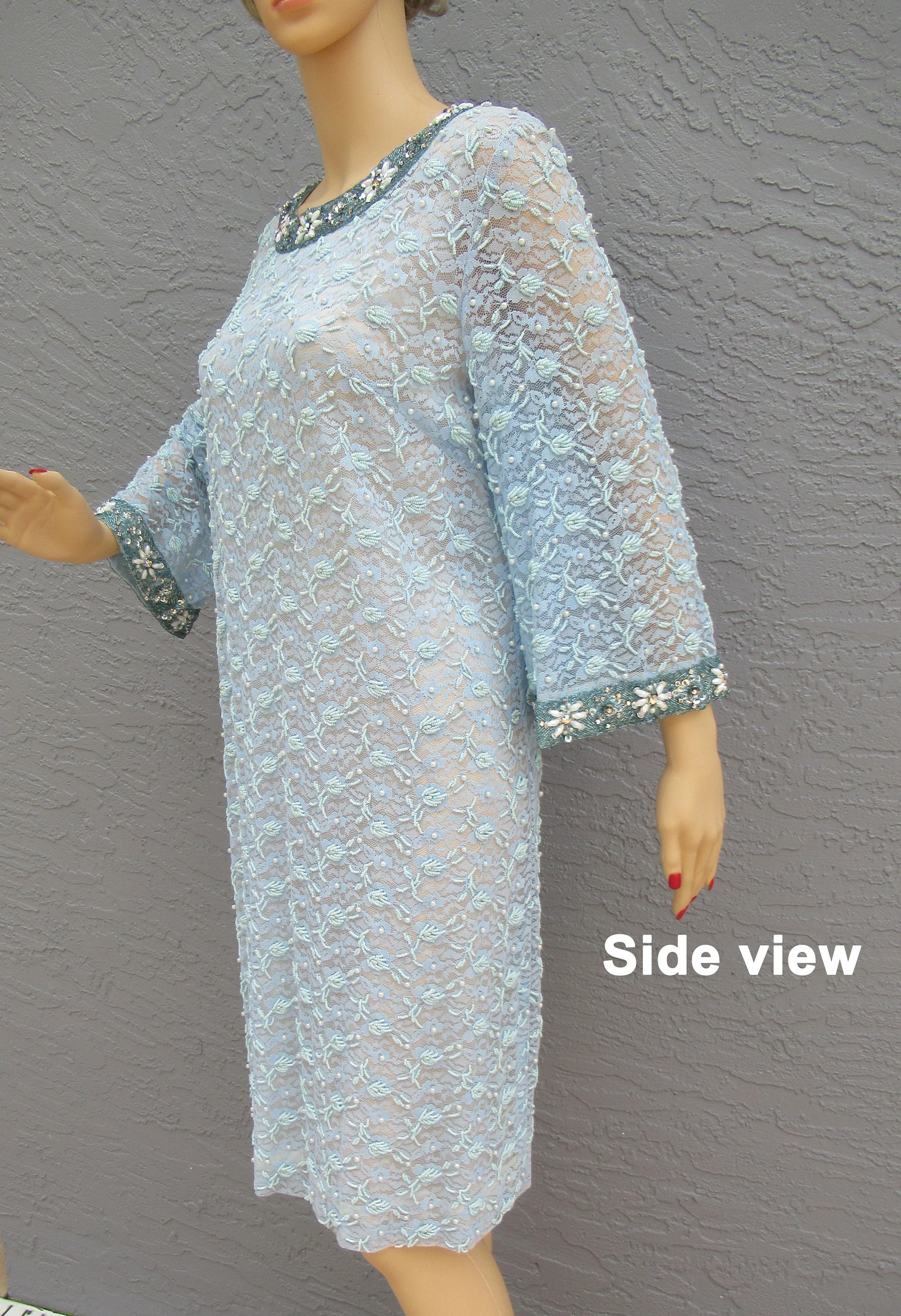 42 Bust 60s Beaded Dress Shift Style In Blue, White, Aurora Borealis, Sequin Beads, Sheer Lace Sleeve, Rayon, Lined, Made In Hong Kong - Image 7