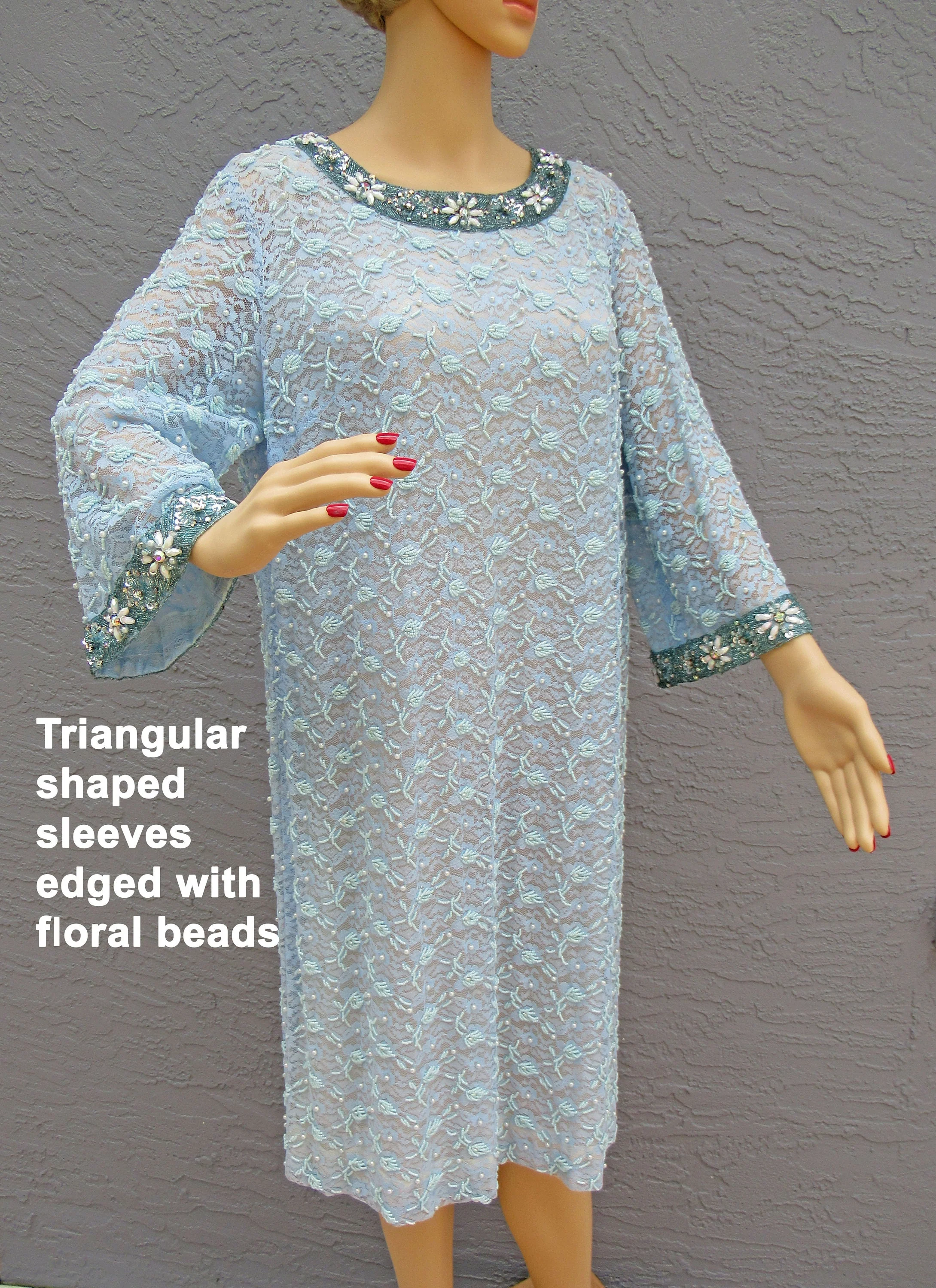42 Bust 60s Beaded Dress Shift Style In Blue, White, Aurora Borealis, Sequin Beads, Sheer Lace Sleeve, Rayon, Lined, Made In Hong Kong - Image 8