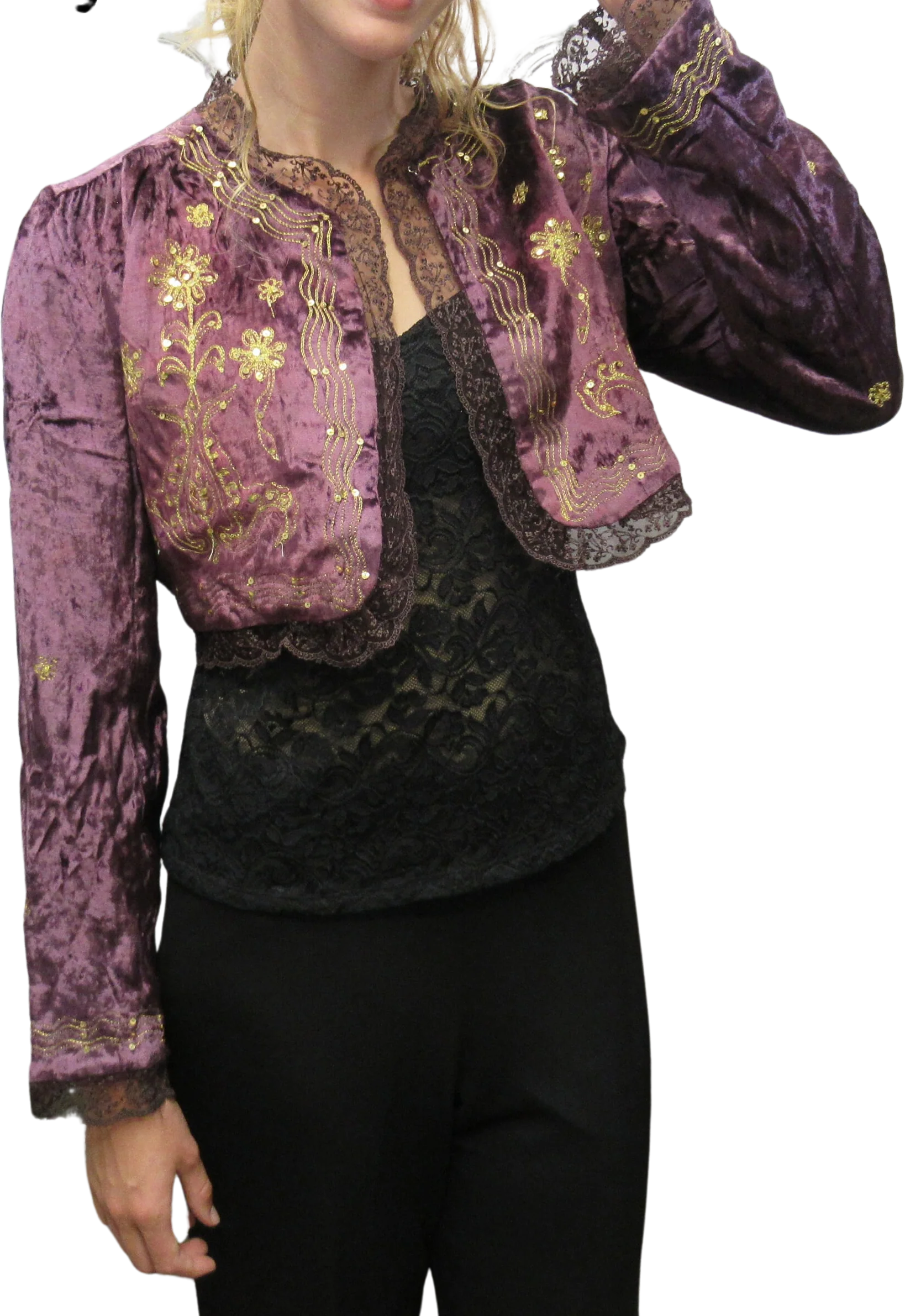 42 Bust Bolero Never Worn Persaman New York, Made In India, Purple Crushed Cotton Velvet, Gold Braid and Beads, Long Sleeve, Open Front Vtg