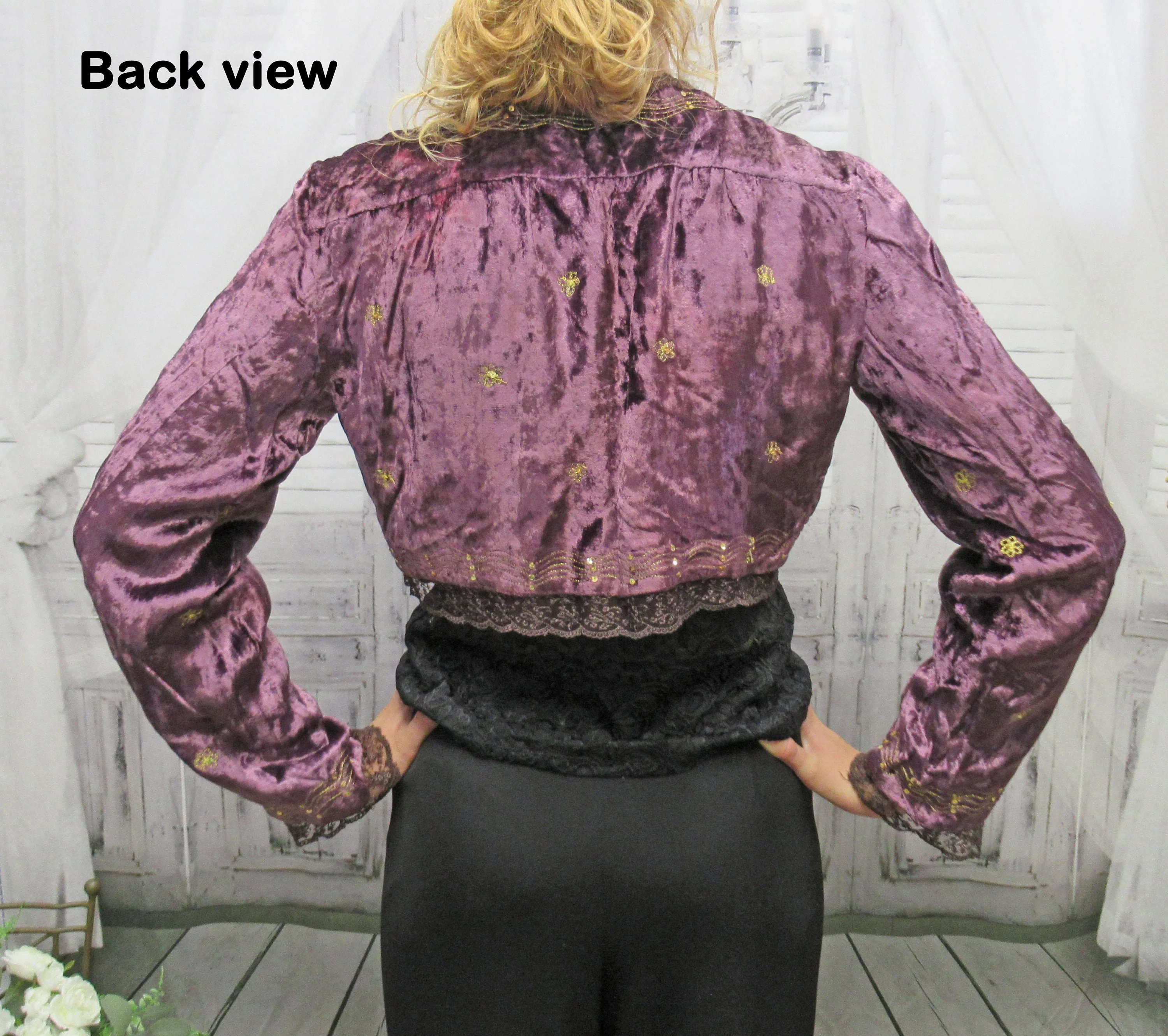 42 Bust Bolero Never Worn Persaman New York, Made In India, Purple Crushed Cotton Velvet, Gold Braid and Beads, Long Sleeve, Open Front Vtg - Image 10