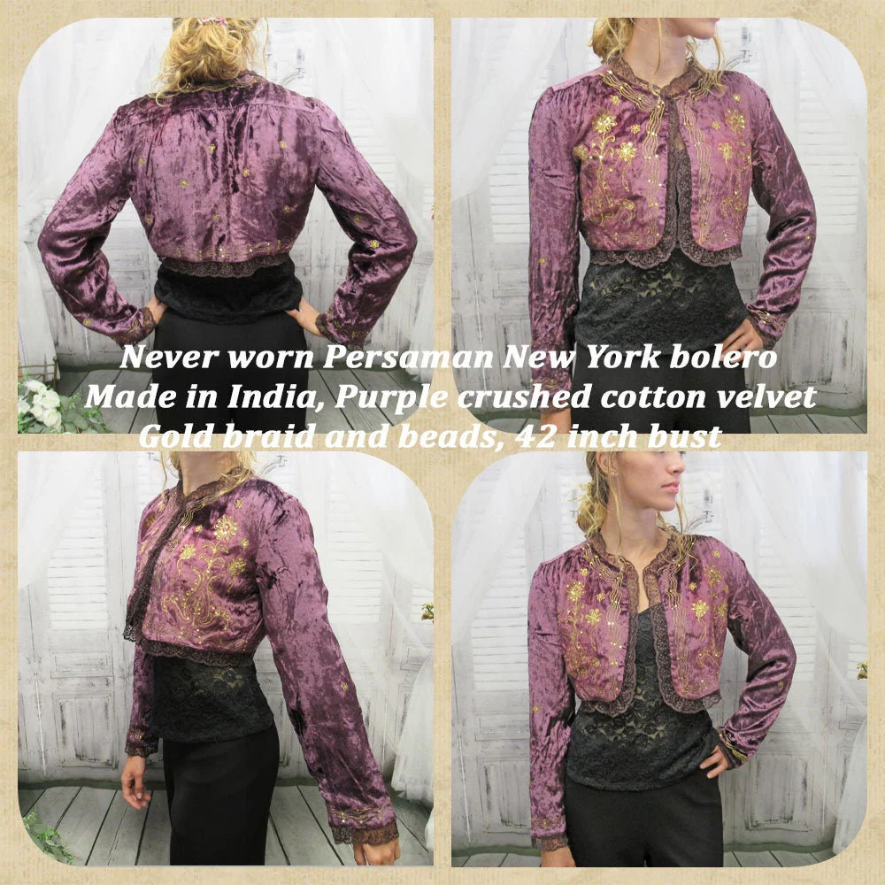 42 Bust Bolero Never Worn Persaman New York, Made In India, Purple Crushed Cotton Velvet, Gold Braid and Beads, Long Sleeve, Open Front Vtg - Image 2