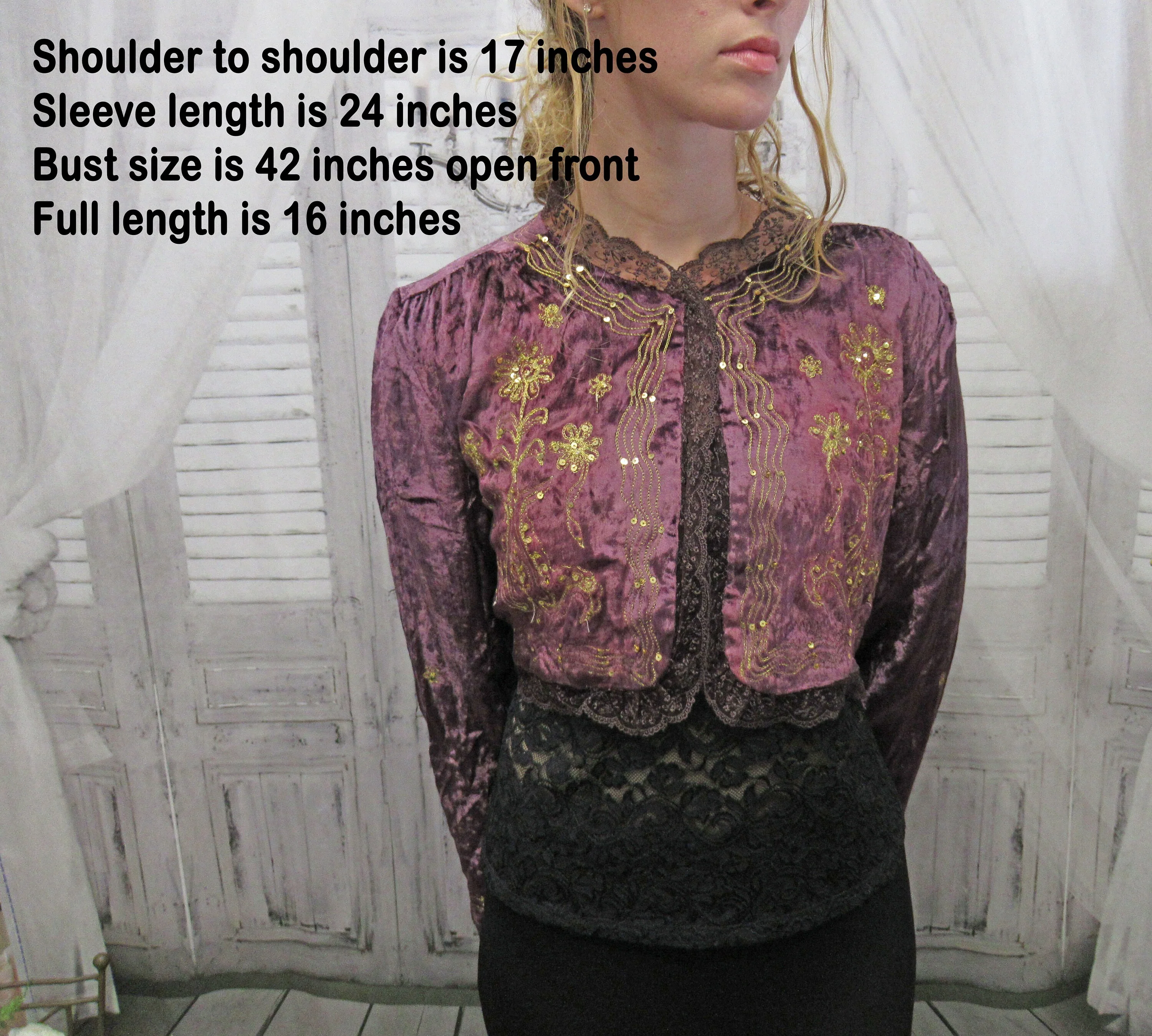 42 Bust Bolero Never Worn Persaman New York, Made In India, Purple Crushed Cotton Velvet, Gold Braid and Beads, Long Sleeve, Open Front Vtg - Image 3