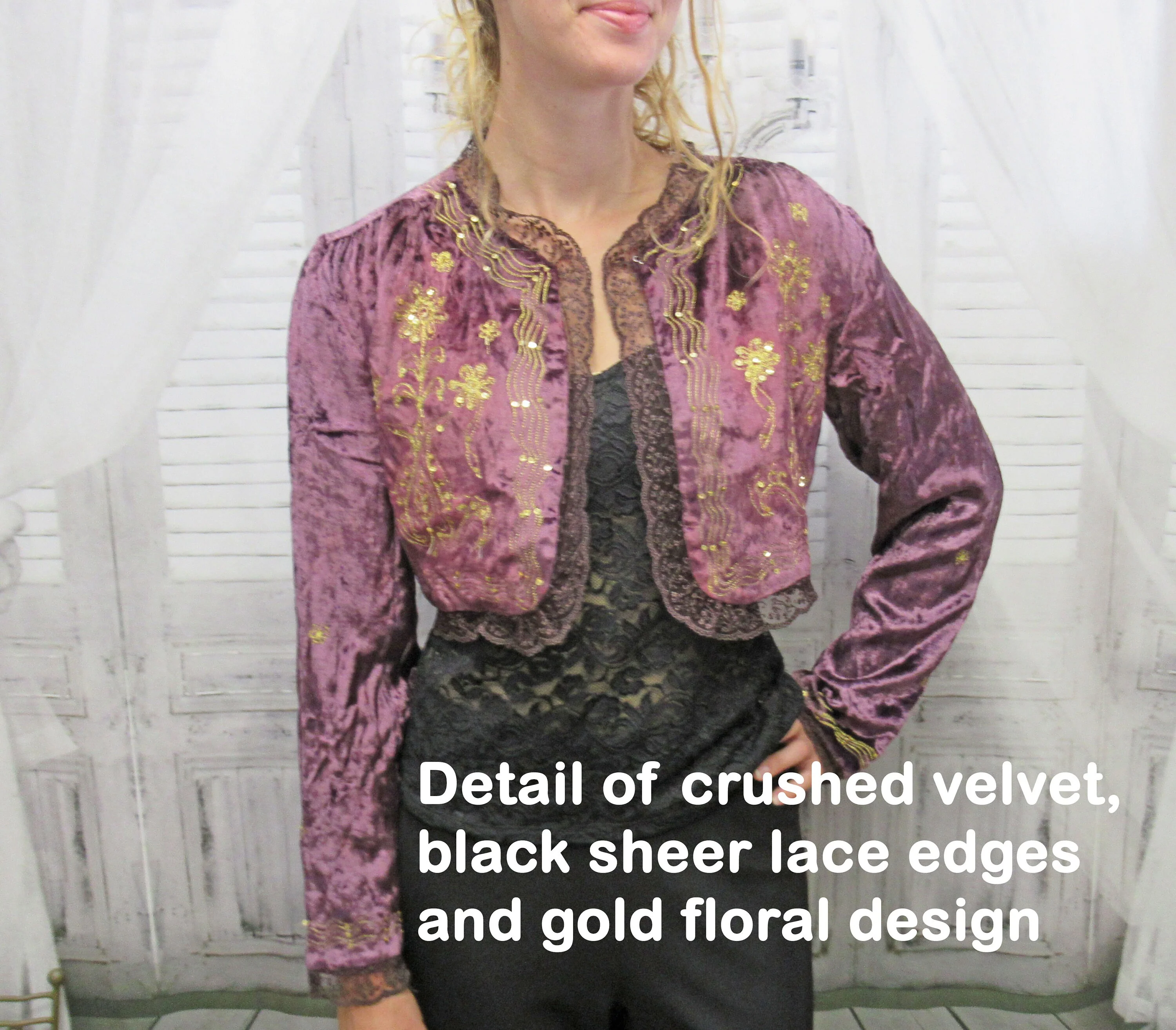42 Bust Bolero Never Worn Persaman New York, Made In India, Purple Crushed Cotton Velvet, Gold Braid and Beads, Long Sleeve, Open Front Vtg - Image 4