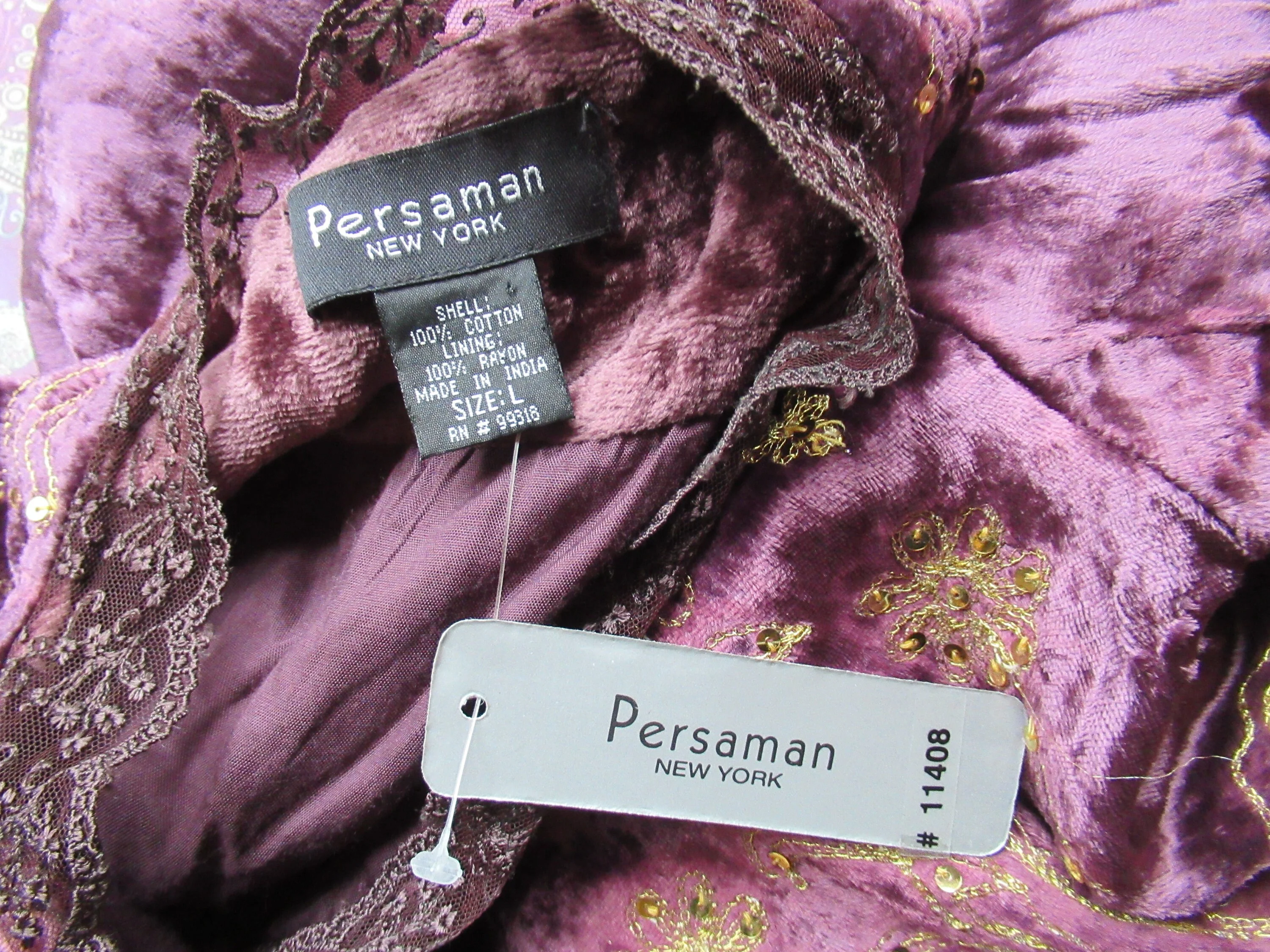 42 Bust Bolero Never Worn Persaman New York, Made In India, Purple Crushed Cotton Velvet, Gold Braid and Beads, Long Sleeve, Open Front Vtg - Image 6