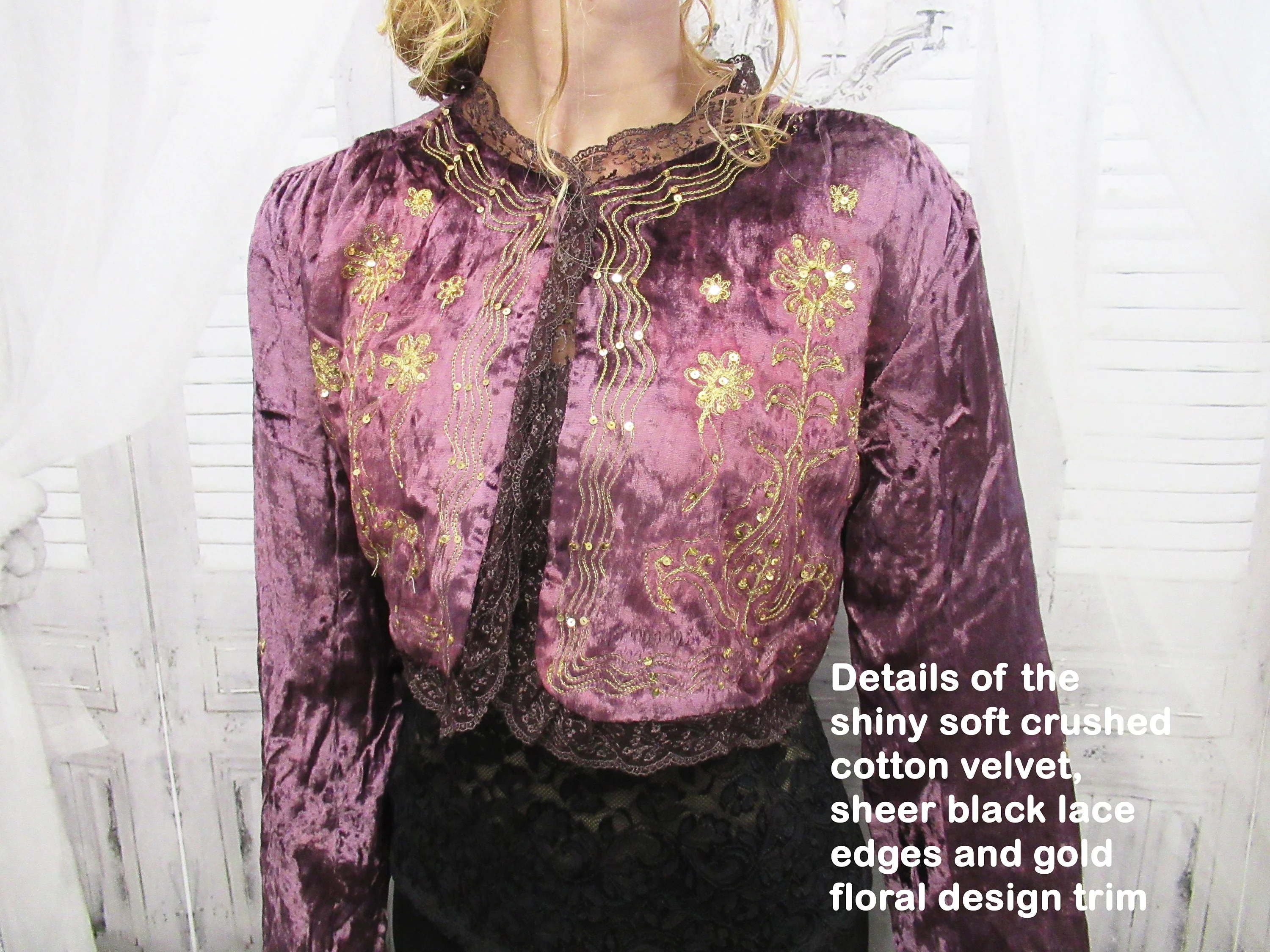 42 Bust Bolero Never Worn Persaman New York, Made In India, Purple Crushed Cotton Velvet, Gold Braid and Beads, Long Sleeve, Open Front Vtg - Image 9