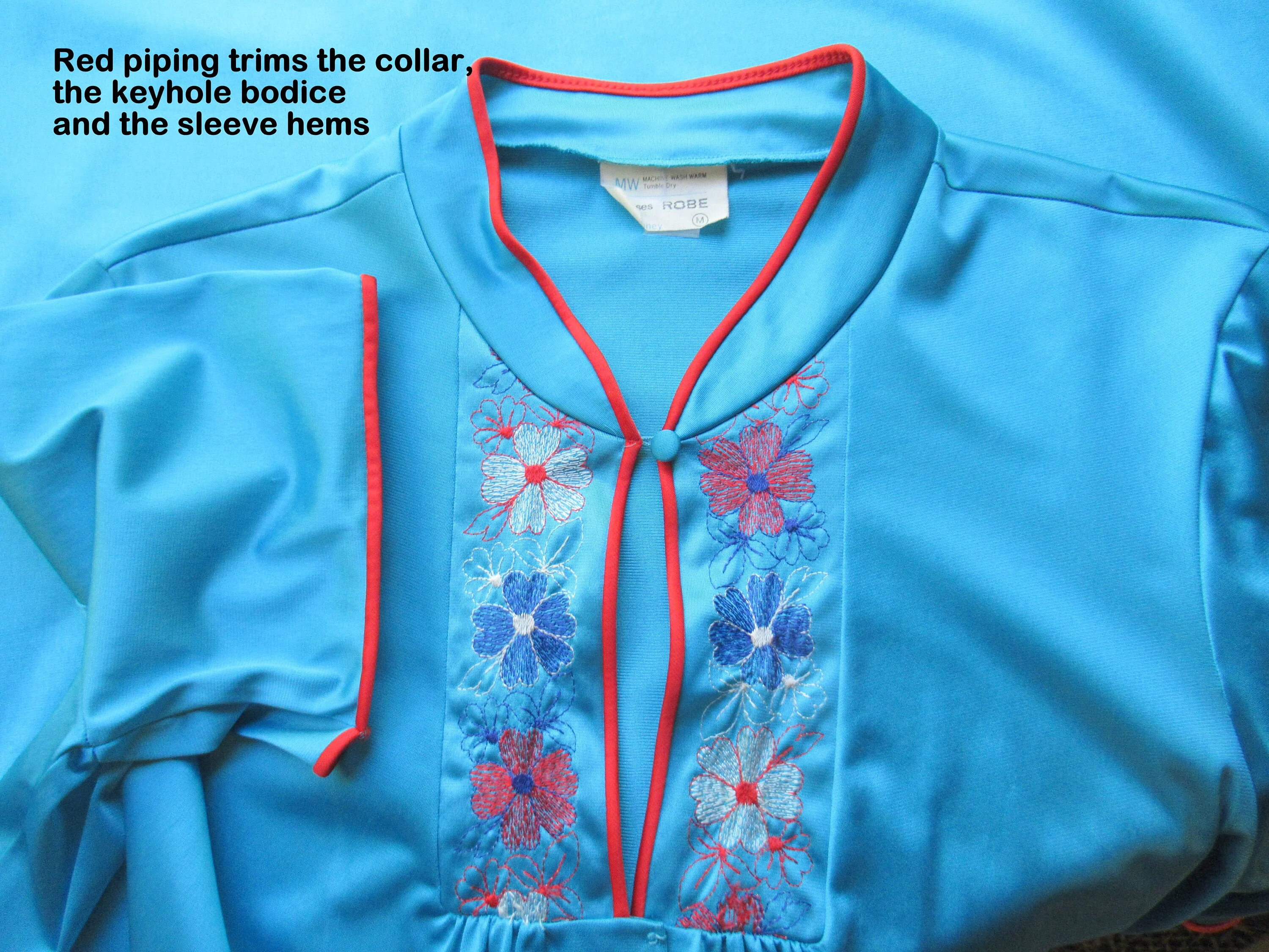 42 Bust Nylon Robe Mw Bright Teal Red Piping Trim Keyhole Floral Embroidery Bodice Band Collar Button Front Made In Usa Vtg - Image 5