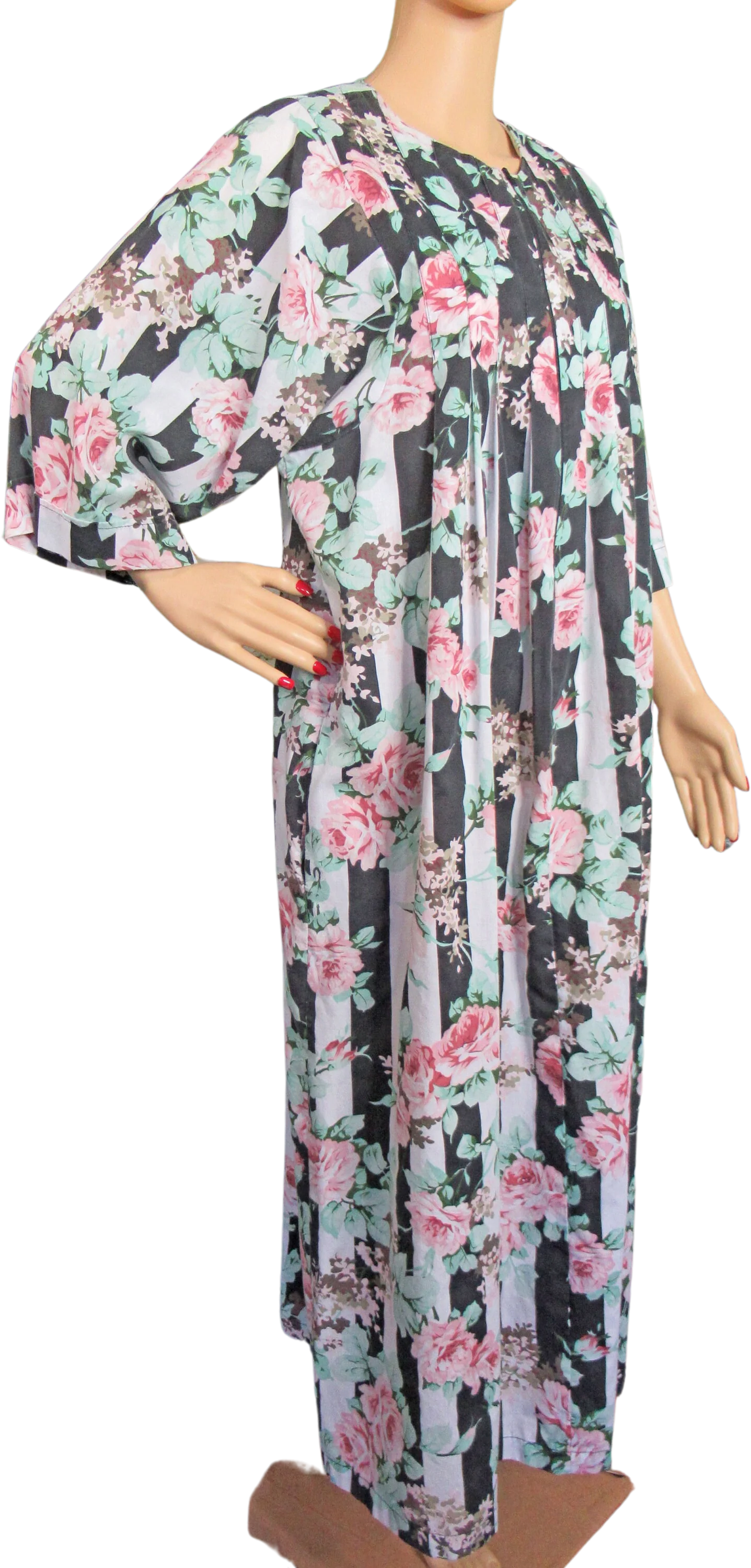 44 Bust Long Robe / Caftan Anthony Richards Cotton/polyester Stripe and Floral Print, Front Zipper, Top Stitched Pleats, 2 Hidden Pockets