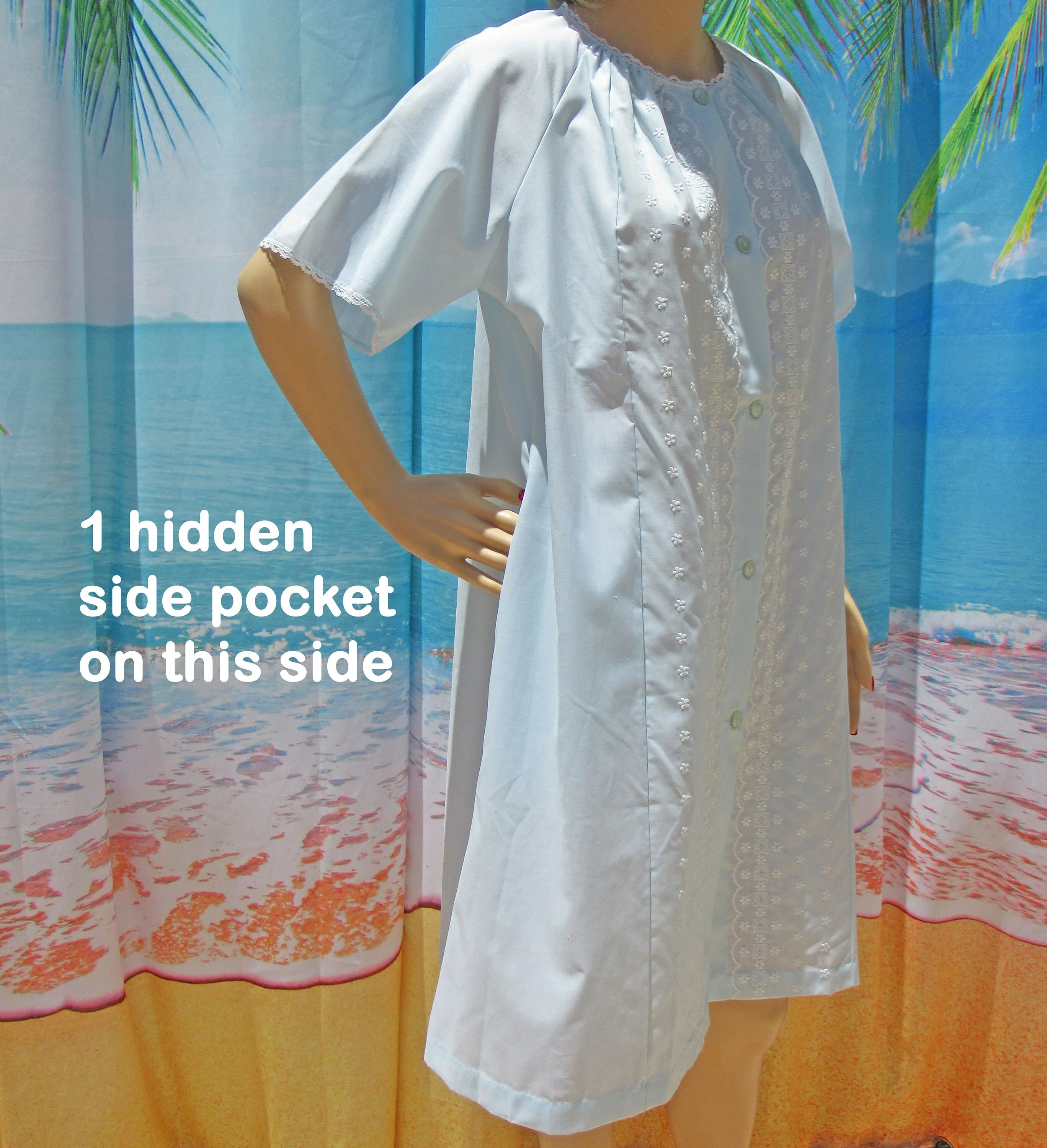 44 Bust Never Worn Robe Perma Prest Pima Charm Blue with White Embroidery S/m Dacron Polyester/pima Cotton Mix 1973 Tag Made Usa by Sears - Image 2