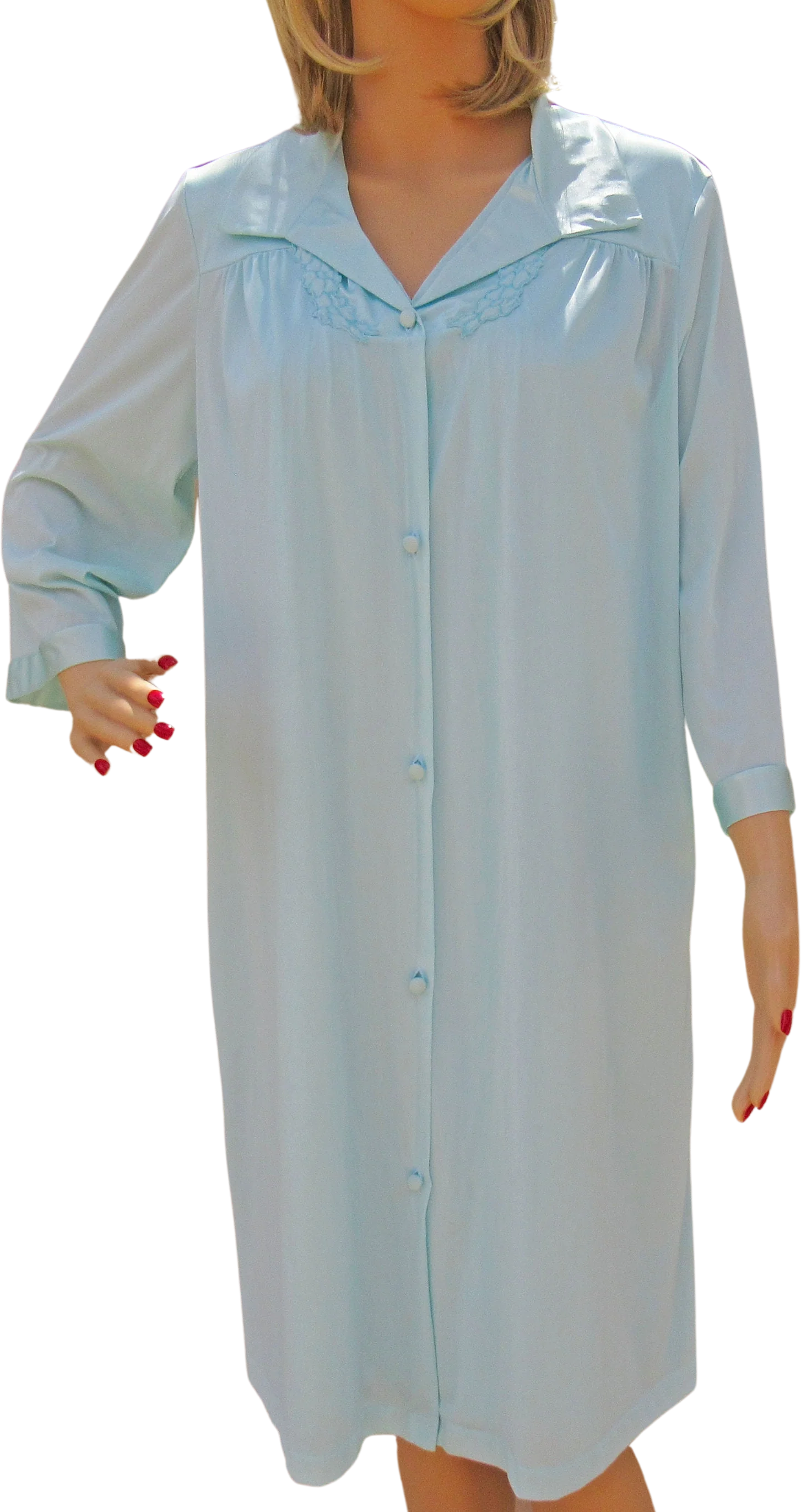 44 Bust Two Piece Set Nightgown and Robe Nylon Knee Length 80s Teal 3/4 Length Sleeve Button Front Robe, Sleeveless Gown, Vtg by Vanity Fair