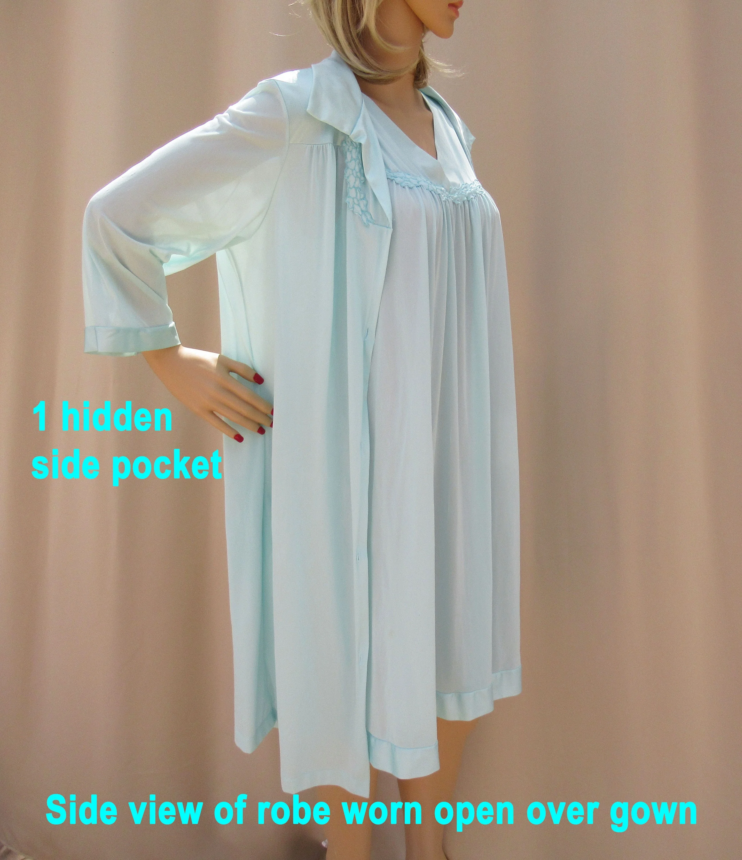 44 Bust Two Piece Set Nightgown and Robe Nylon Knee Length 80s Teal 3/4 Length Sleeve Button Front Robe, Sleeveless Gown, Vtg by Vanity Fair - Image 2