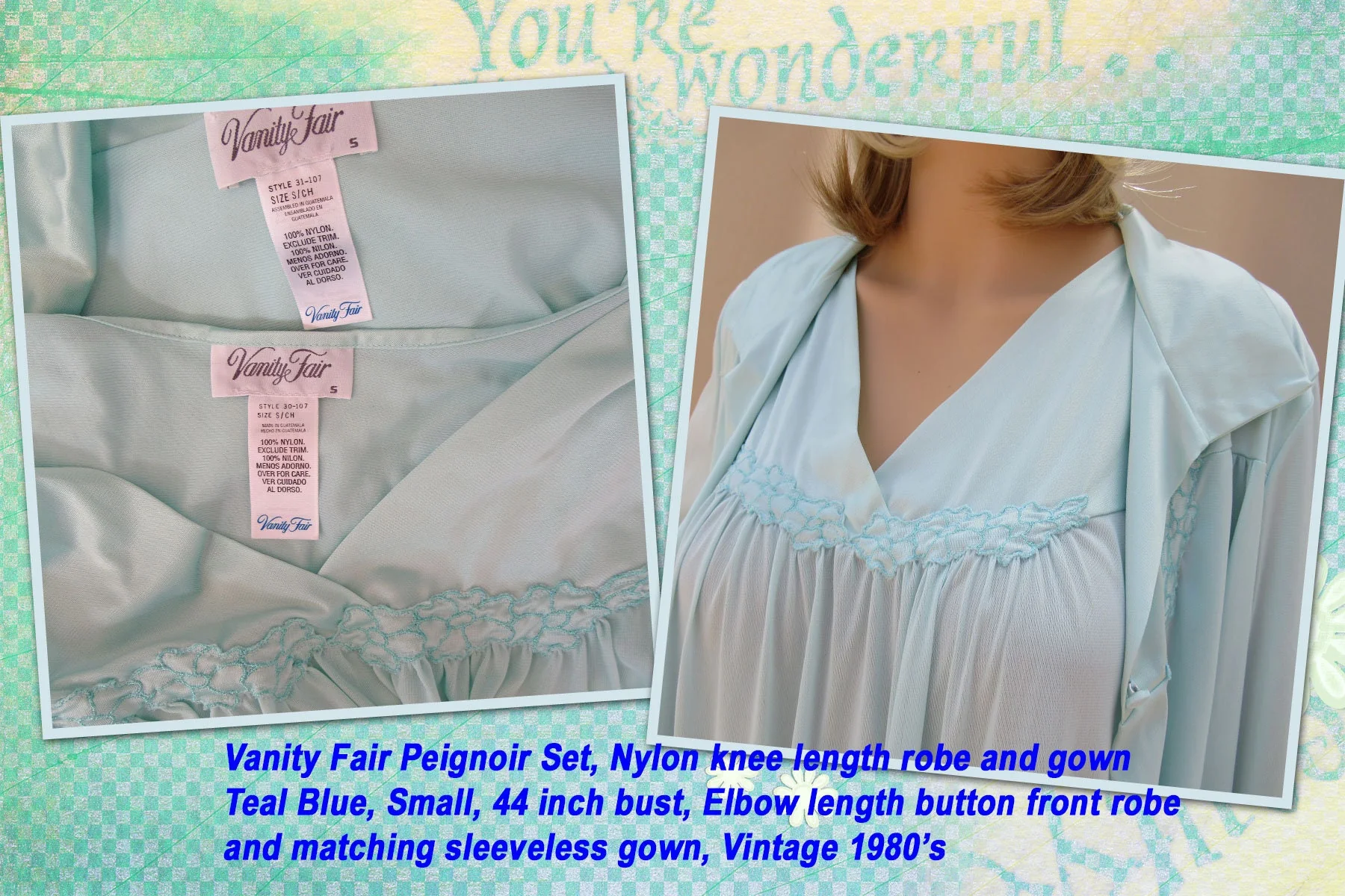 44 Bust Two Piece Set Nightgown and Robe Nylon Knee Length 80s Teal 3/4 Length Sleeve Button Front Robe, Sleeveless Gown, Vtg by Vanity Fair - Image 3