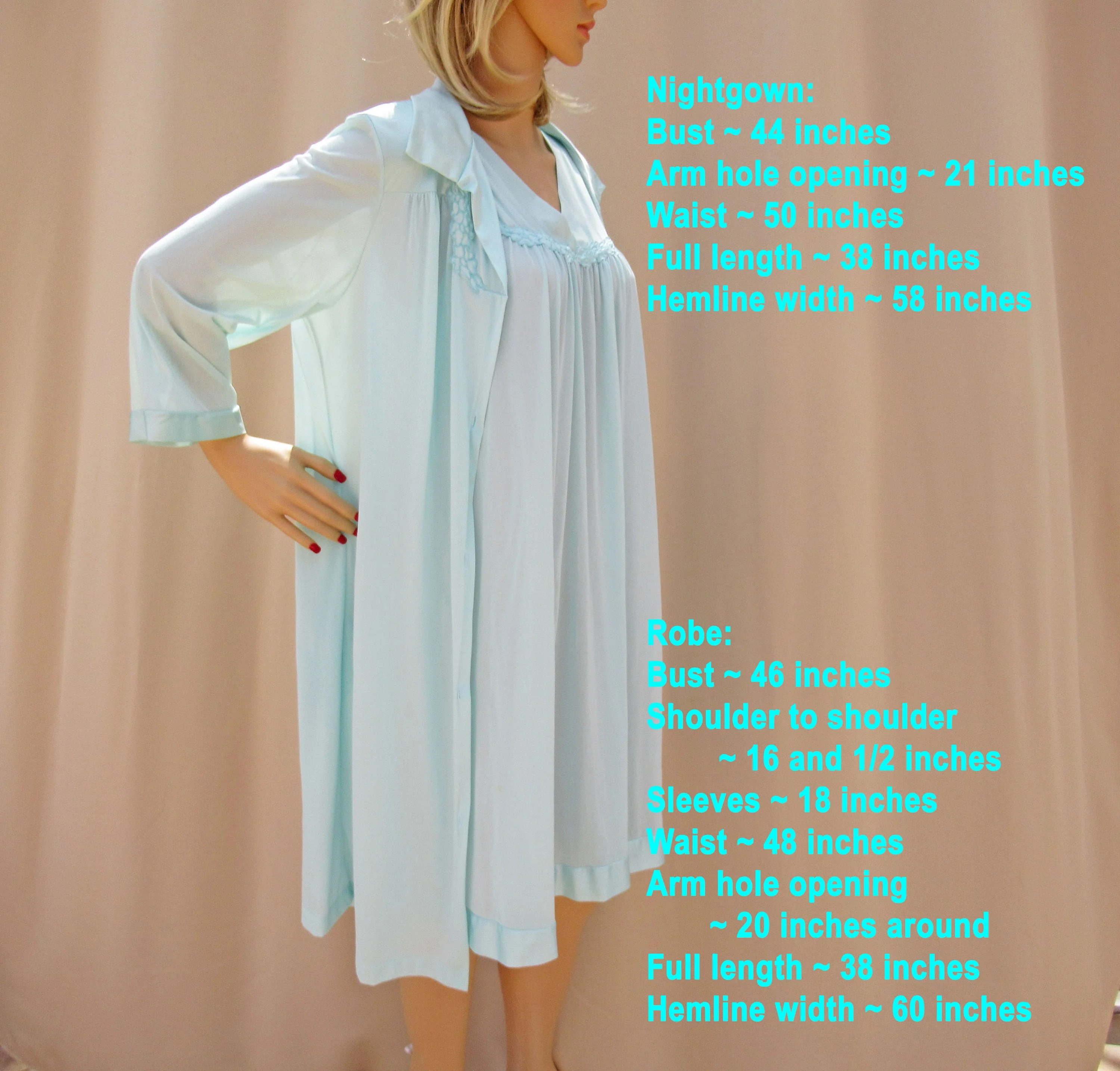 44 Bust Two Piece Set Nightgown and Robe Nylon Knee Length 80s Teal 3/4 Length Sleeve Button Front Robe, Sleeveless Gown, Vtg by Vanity Fair - Image 4