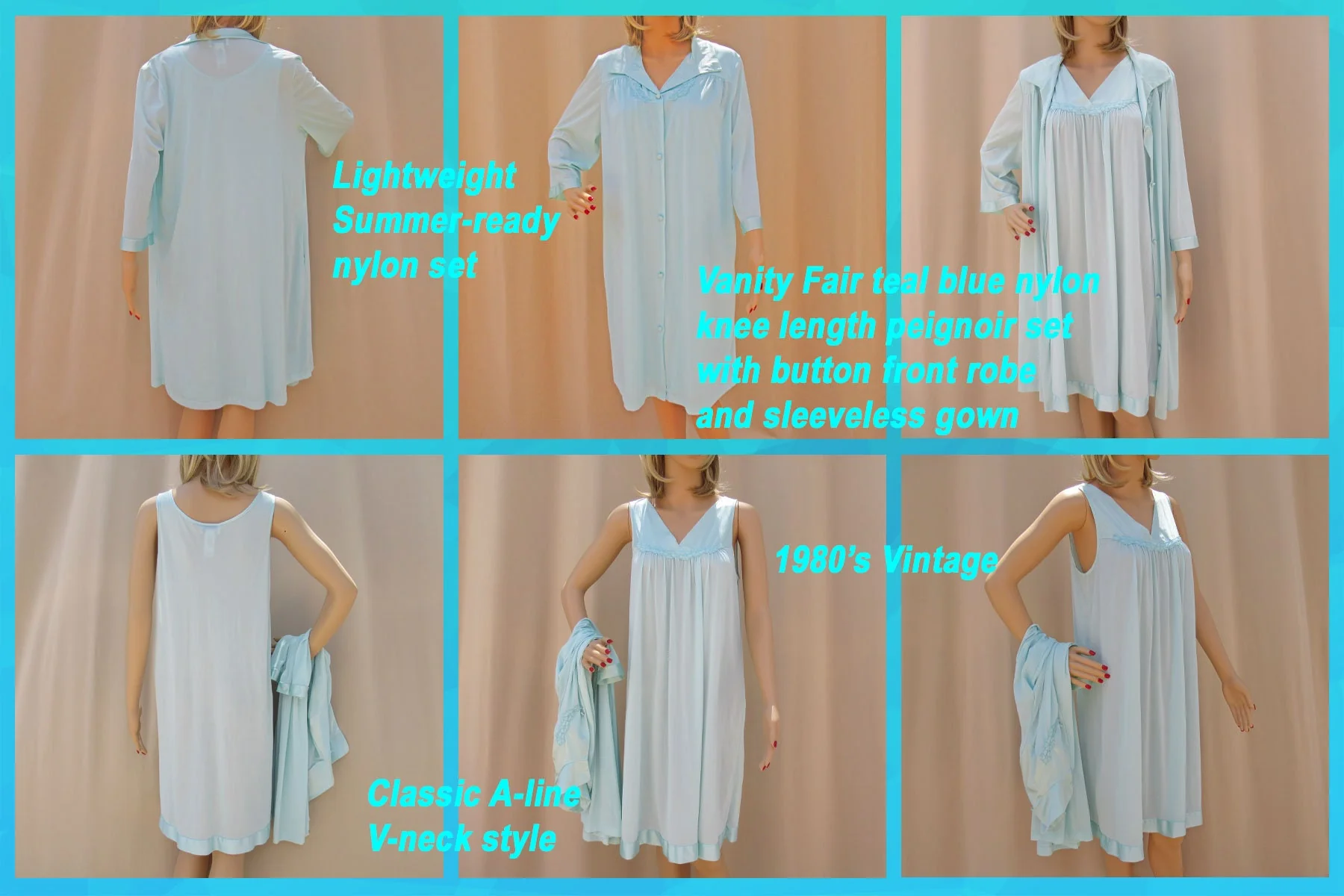 44 Bust Two Piece Set Nightgown and Robe Nylon Knee Length 80s Teal 3/4 Length Sleeve Button Front Robe, Sleeveless Gown, Vtg by Vanity Fair - Image 6