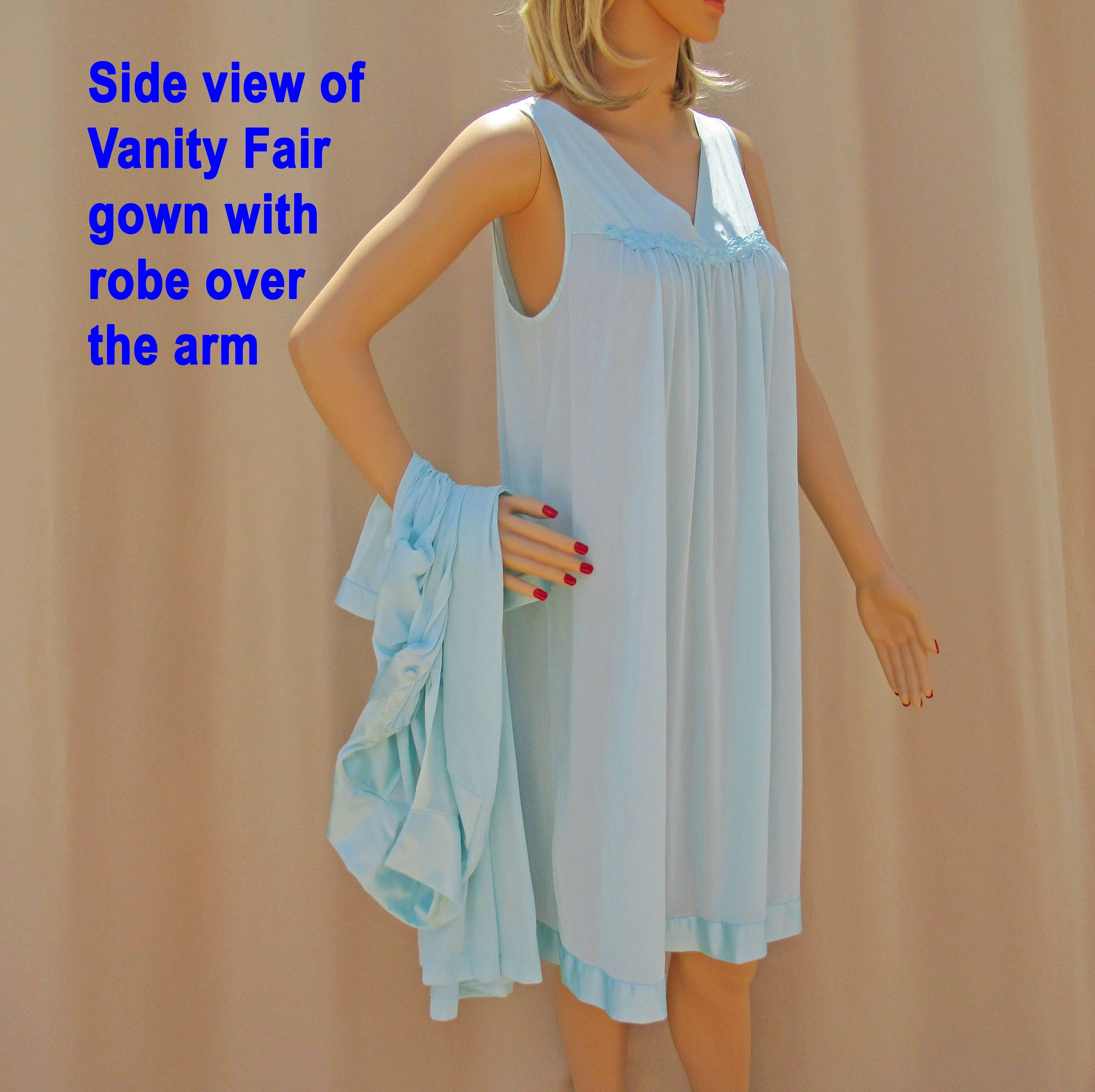 44 Bust Two Piece Set Nightgown and Robe Nylon Knee Length 80s Teal 3/4 Length Sleeve Button Front Robe, Sleeveless Gown, Vtg by Vanity Fair - Image 7