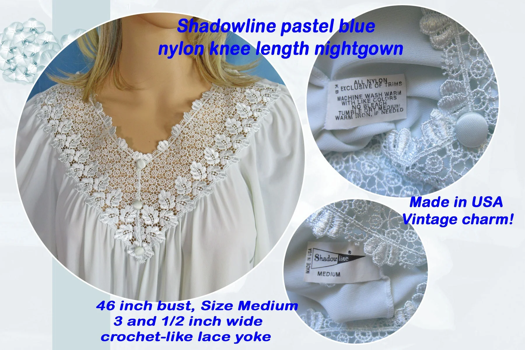 46 Bust Nightgown Sz Med 3 and 1/2 Inch Wide Crochet-Like Lace Yoke, Blue Nylon Knee Length, Cap Sleeve, Lettuce Leaf Edges by Shadowline - Image 3