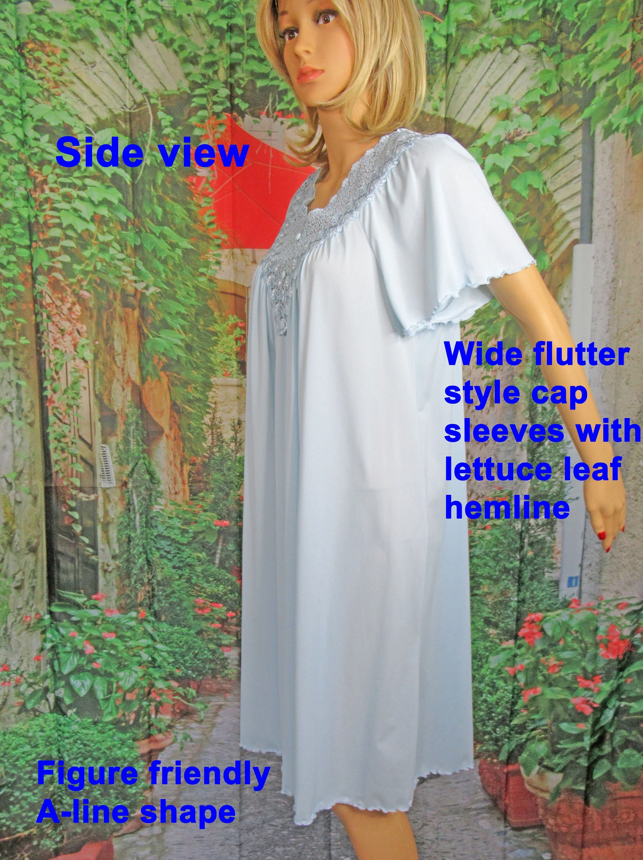 46 Bust Nightgown Sz Med 3 and 1/2 Inch Wide Crochet-Like Lace Yoke, Blue Nylon Knee Length, Cap Sleeve, Lettuce Leaf Edges by Shadowline - Image 4
