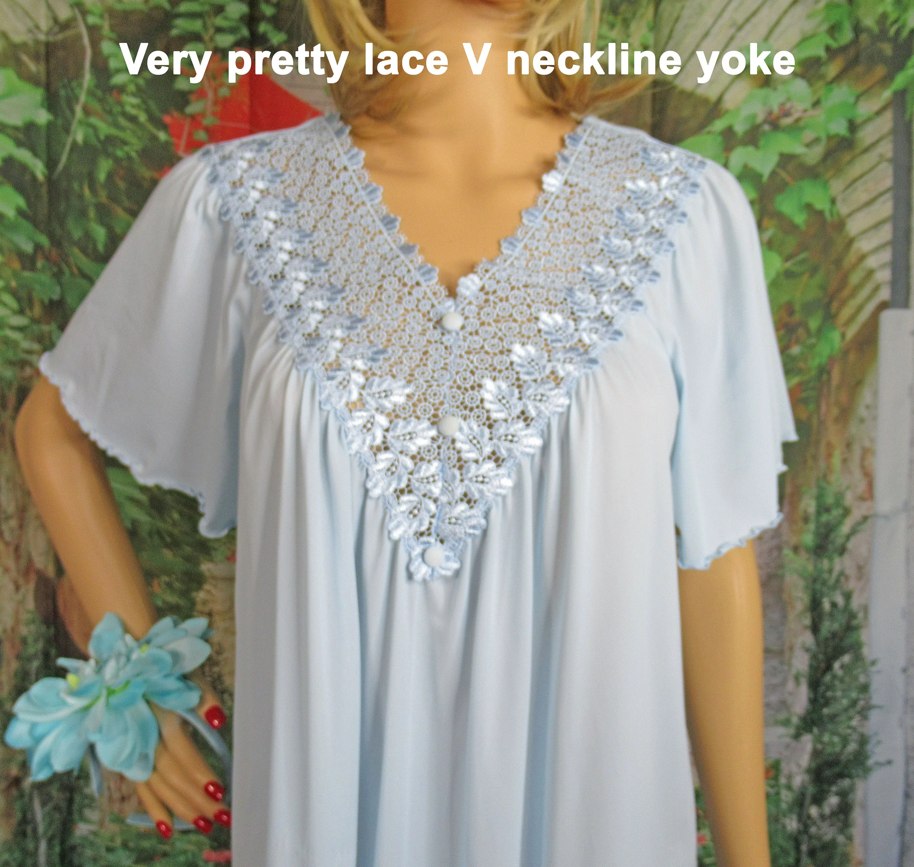 46 Bust Nightgown Sz Med 3 and 1/2 Inch Wide Crochet-Like Lace Yoke, Blue Nylon Knee Length, Cap Sleeve, Lettuce Leaf Edges by Shadowline - Image 7