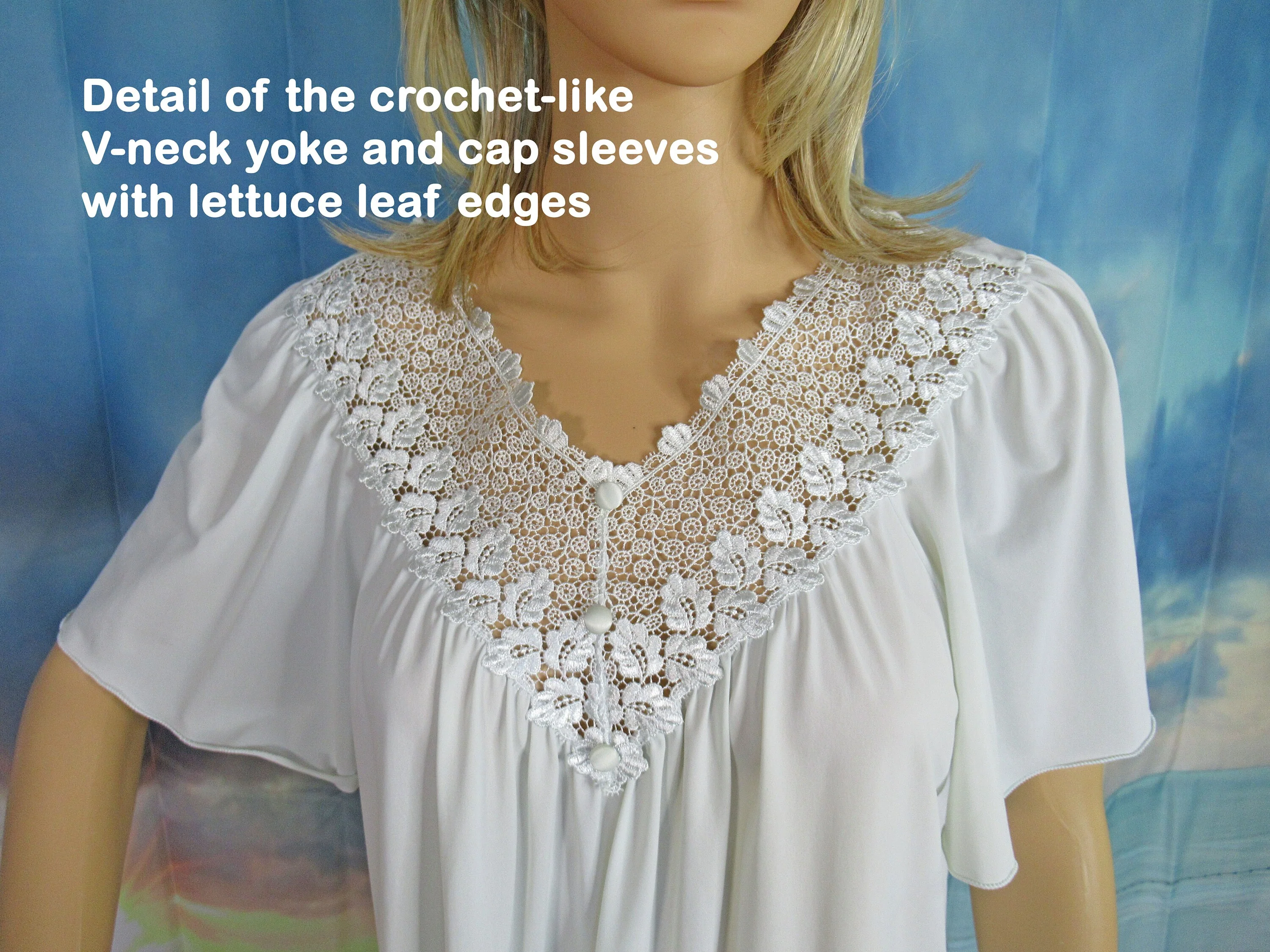 46 Bust Nightgown Sz Med 3 and 1/2 Inch Wide Crochet-Like Lace Yoke, Blue Nylon Knee Length, Cap Sleeve, Lettuce Leaf Edges by Shadowline - Image 9