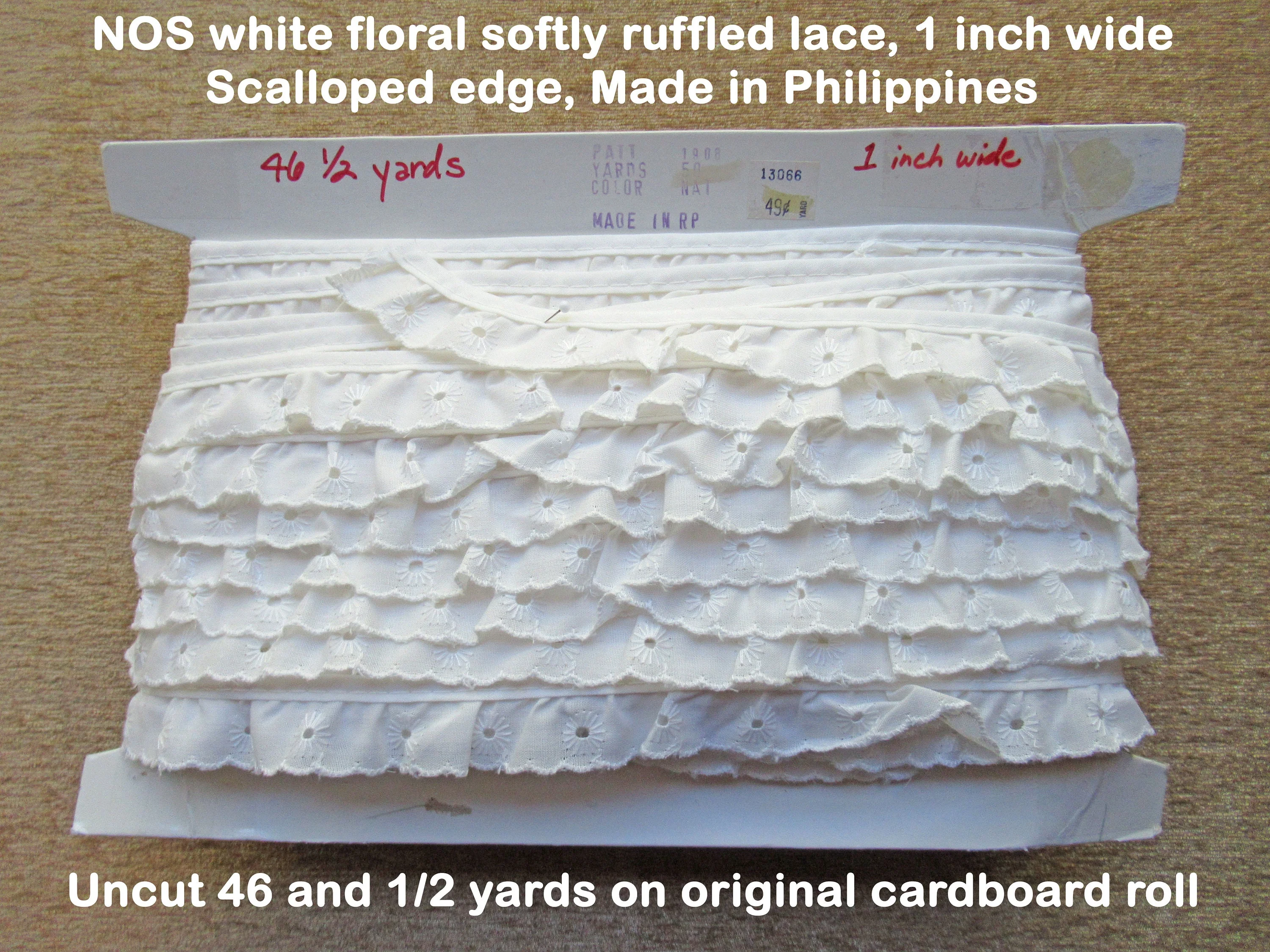 46 Yards Nos Lace 1 Inch Wide, Scalloped Edge, White Floral Softly Ruffled, Made In Philippines, Uncut On Original Cardboard Roll - Image 5