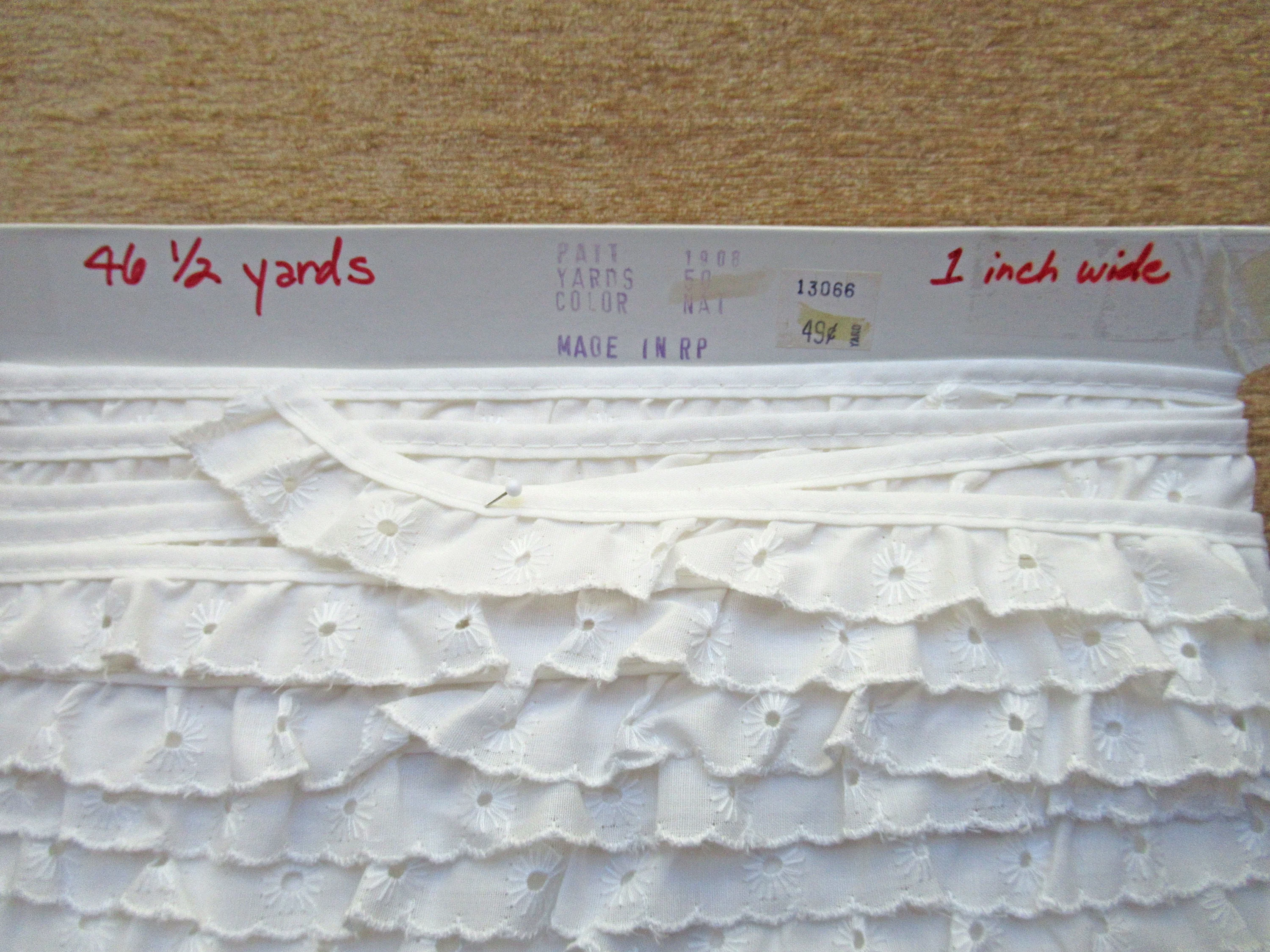 46 Yards Nos Lace 1 Inch Wide, Scalloped Edge, White Floral Softly Ruffled, Made In Philippines, Uncut On Original Cardboard Roll - Image 6