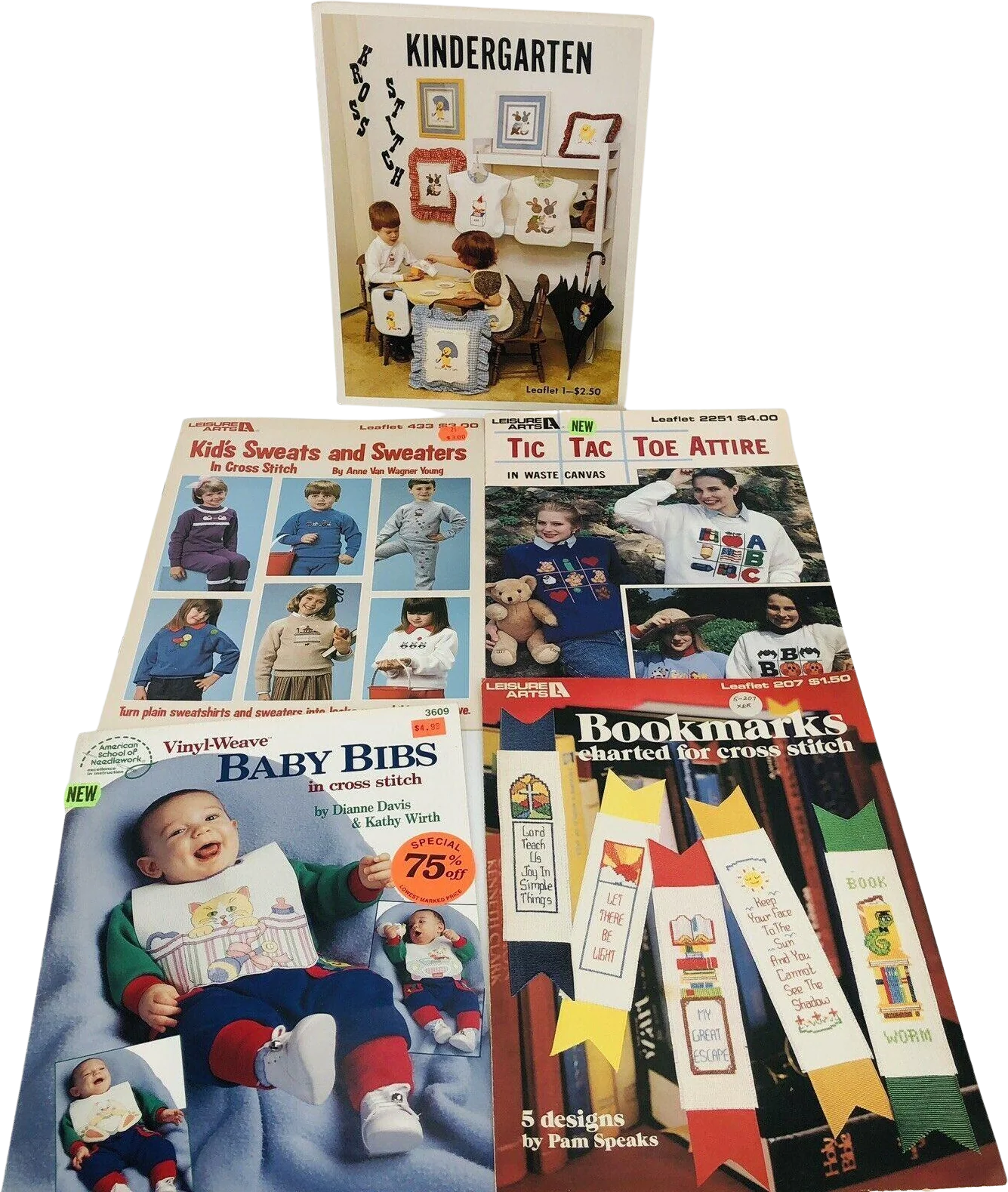 5 Cross Stitch Patterns Books and Booklets - Kids Sweatshirts Bookmarks Baby Bibs by Leisure Arts