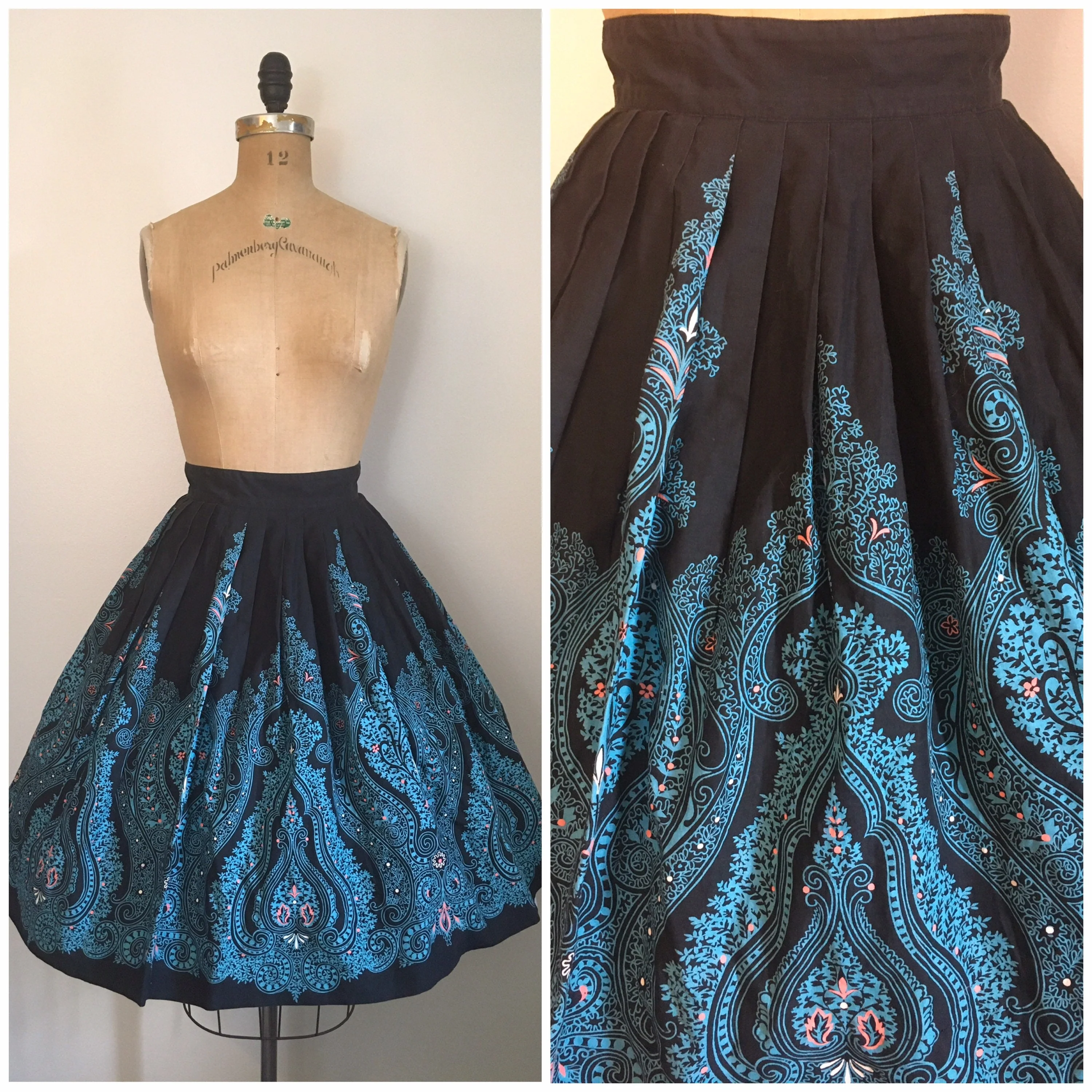 50’s Blue Paisley Border Novelty Print Cotton Skirt - Image 3