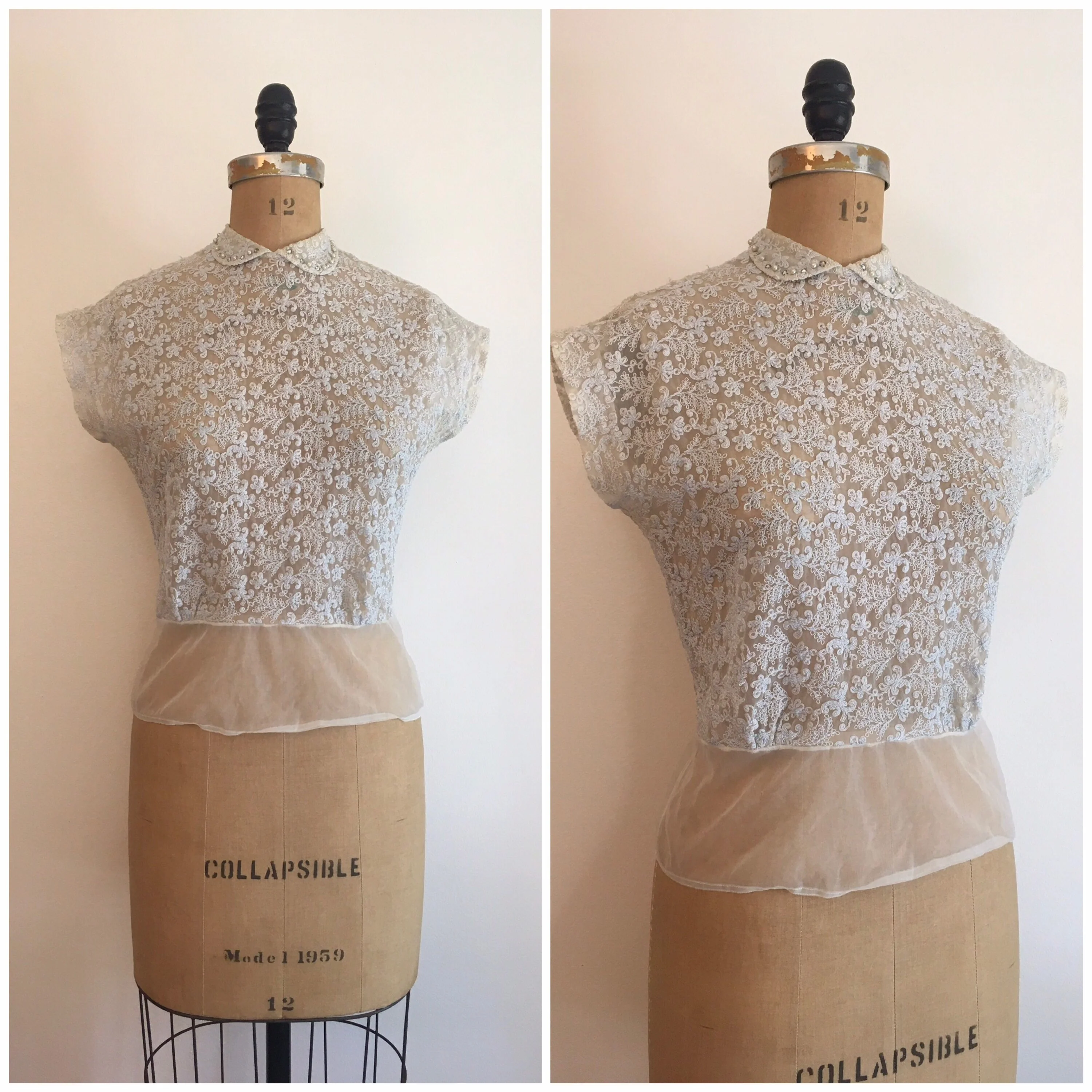 50’s Embroidered Nylon Pearl Rhinestone Collar Blouse by Perry - Image 3