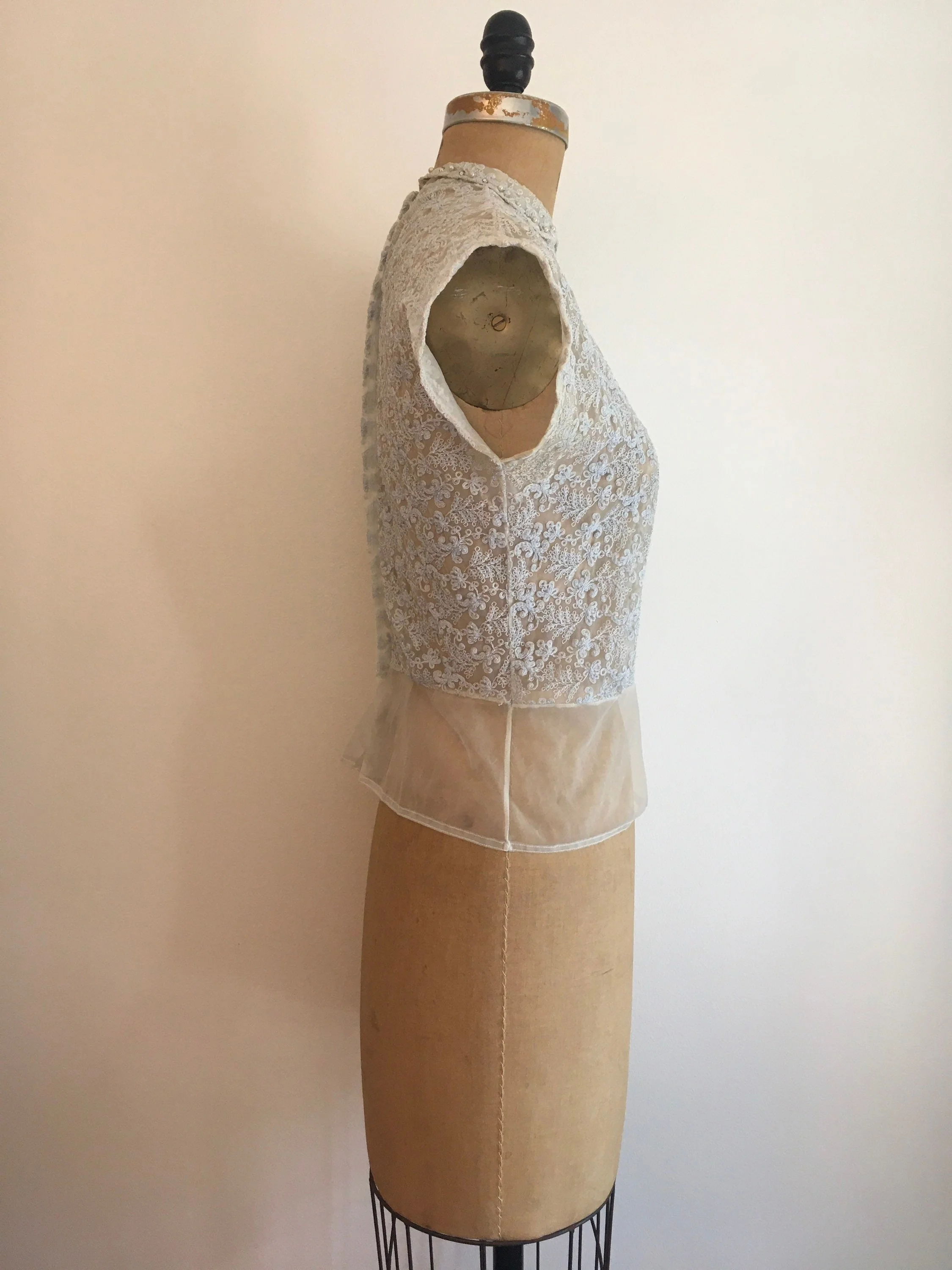 50’s Embroidered Nylon Pearl Rhinestone Collar Blouse by Perry - Image 5
