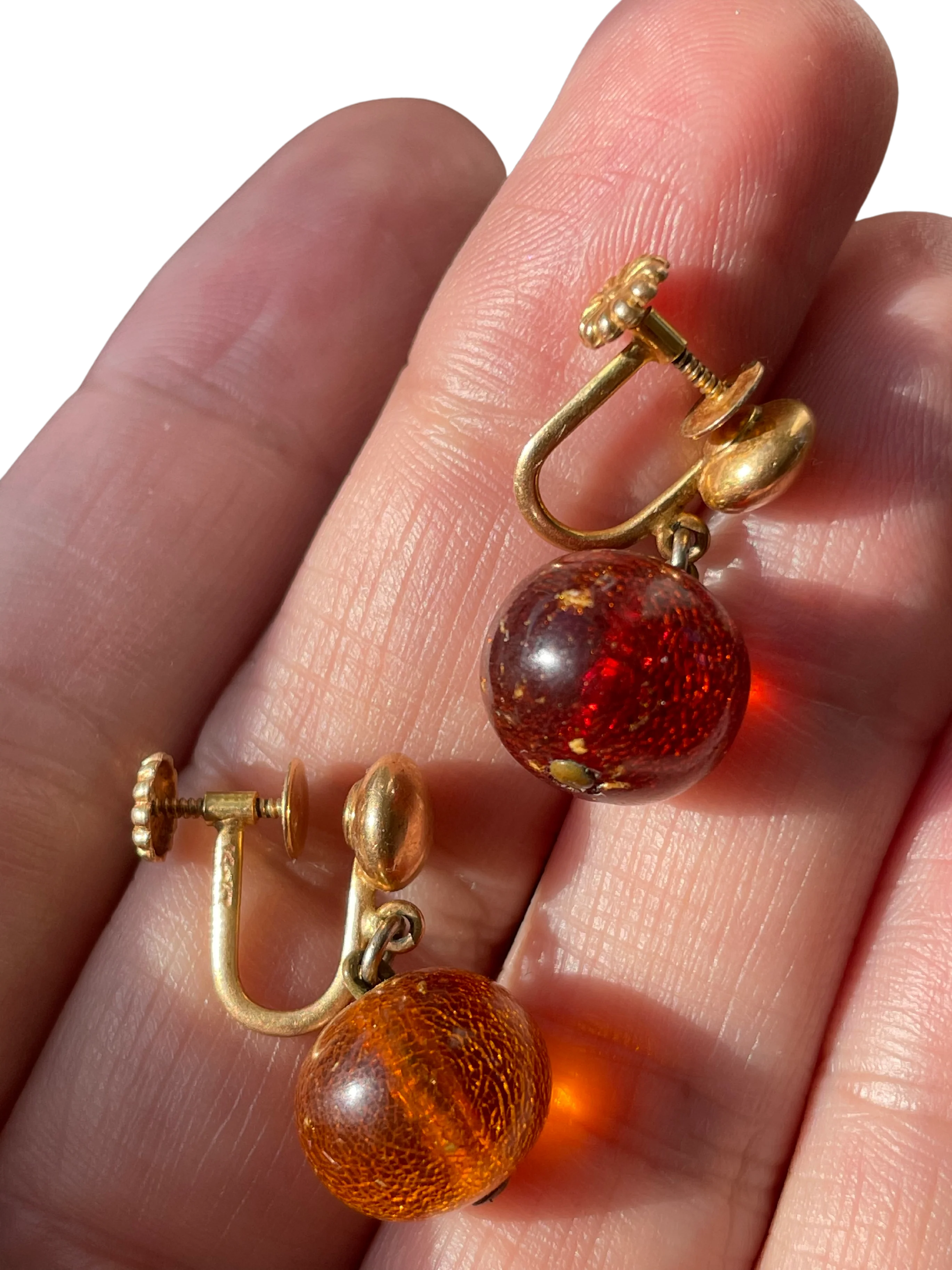 50s/60s 14k Gold Amber Bead Screw Back Earrings