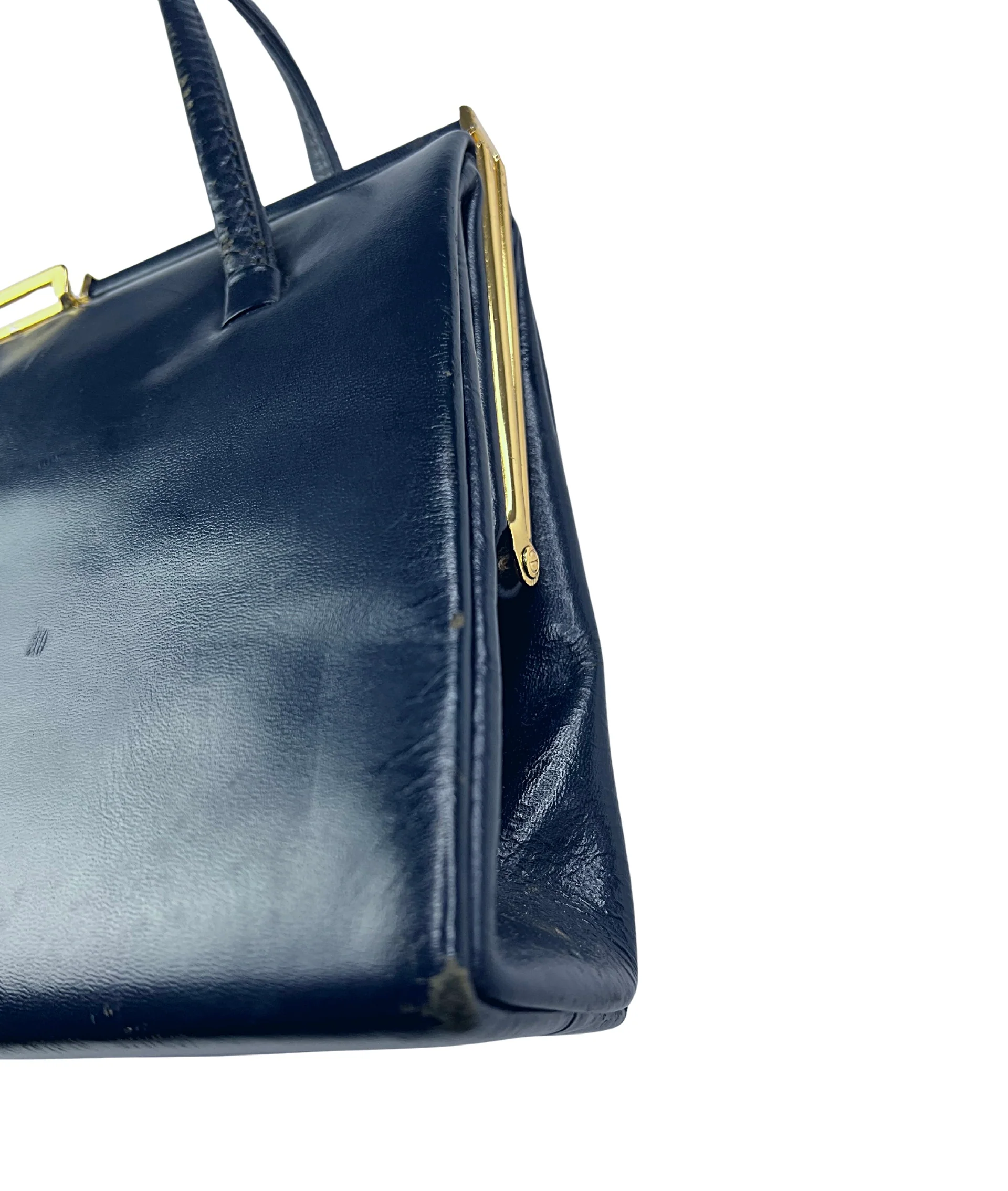 50s/60s 60s Navy Leather Gold Clasp Handbag Purse - Image 3