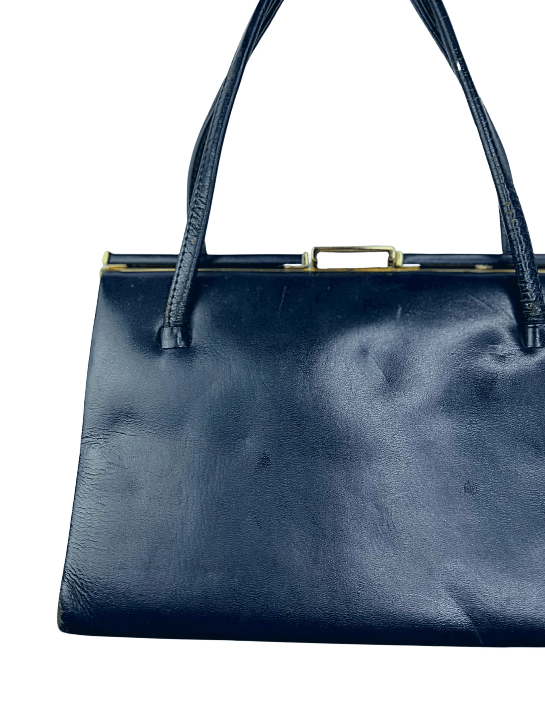50s/60s 60s Navy Leather Gold Clasp Handbag Purse - Image 4