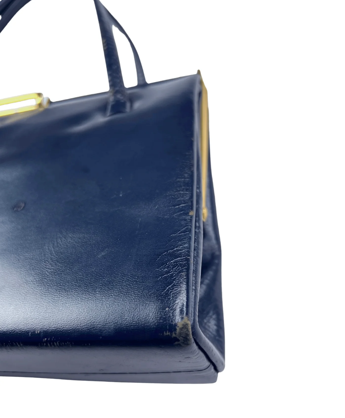 50s/60s 60s Navy Leather Gold Clasp Handbag Purse - Image 5