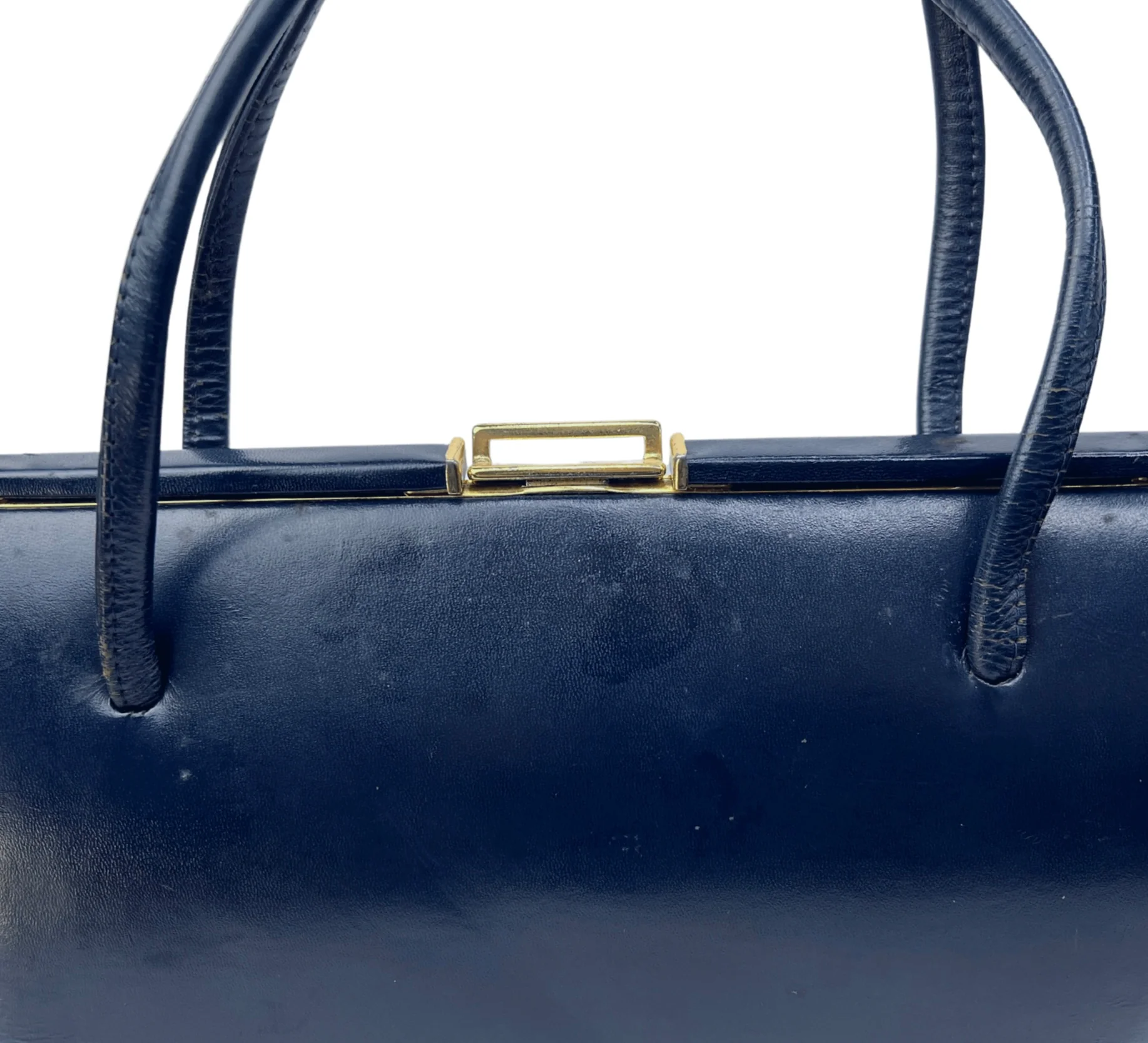 50s/60s 60s Navy Leather Gold Clasp Handbag Purse - Image 7