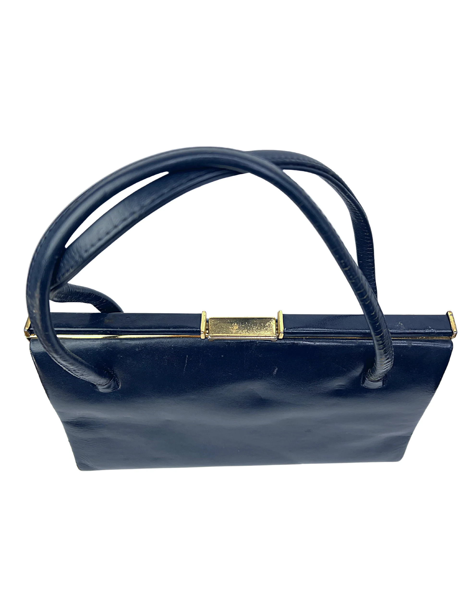 50s/60s 60s Navy Leather Gold Clasp Handbag Purse - Image 8